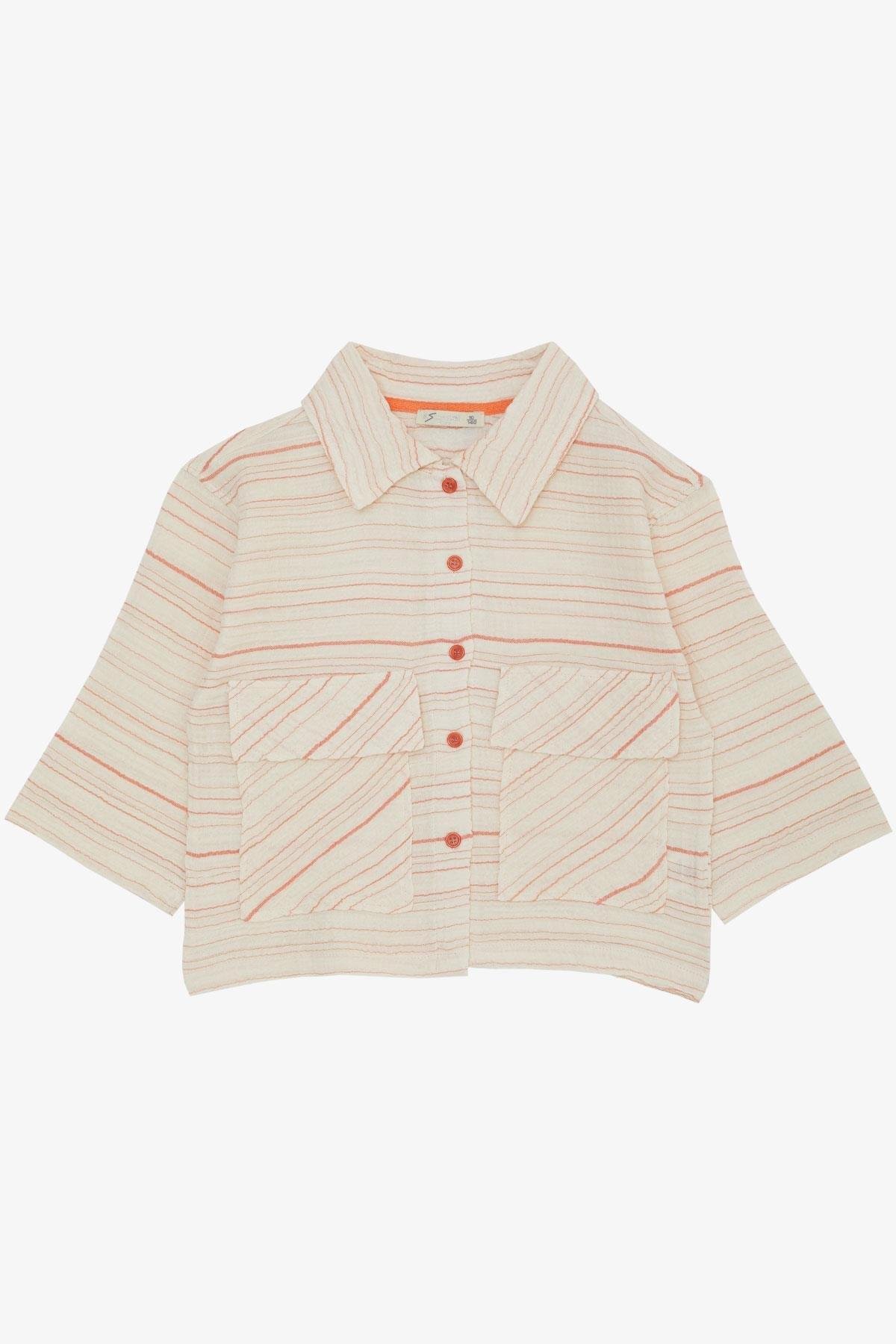 Escabel Kız Çocuk Kemer Boy Gömlek Fakir Kol Cepli Ekru (5-14 Yaş)