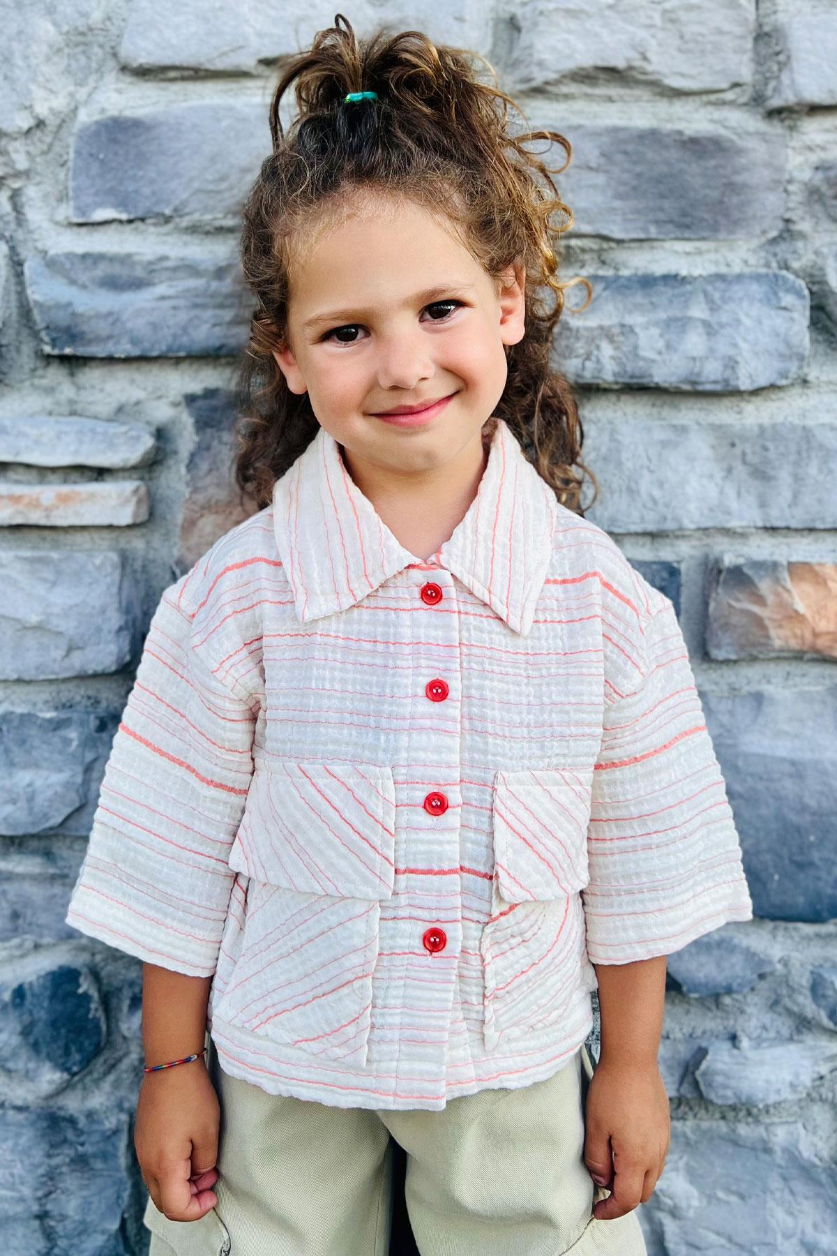 Escabel Kız Çocuk Kemer Boy Gömlek Fakir Kol Cepli Ekru (5-14 Yaş)