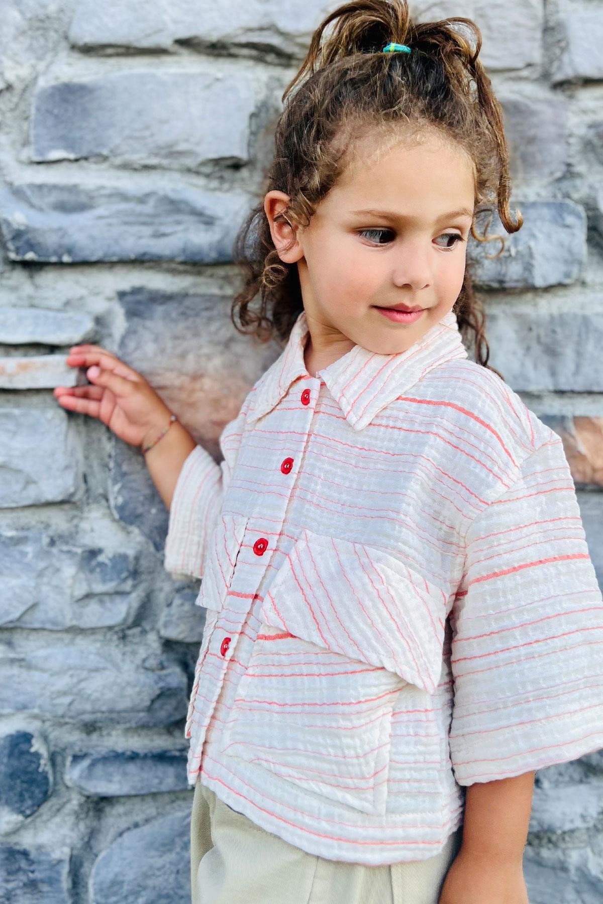 Escabel Kız Çocuk Kemer Boy Gömlek Fakir Kol Cepli Ekru (5-14 Yaş)