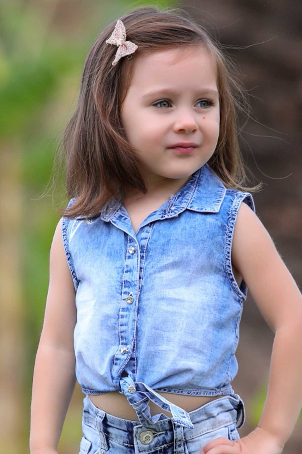 Escabel Kız Çocuk Kot Gömlek Baskılı Taşlı Açık Mavi (1-4 Yaş)