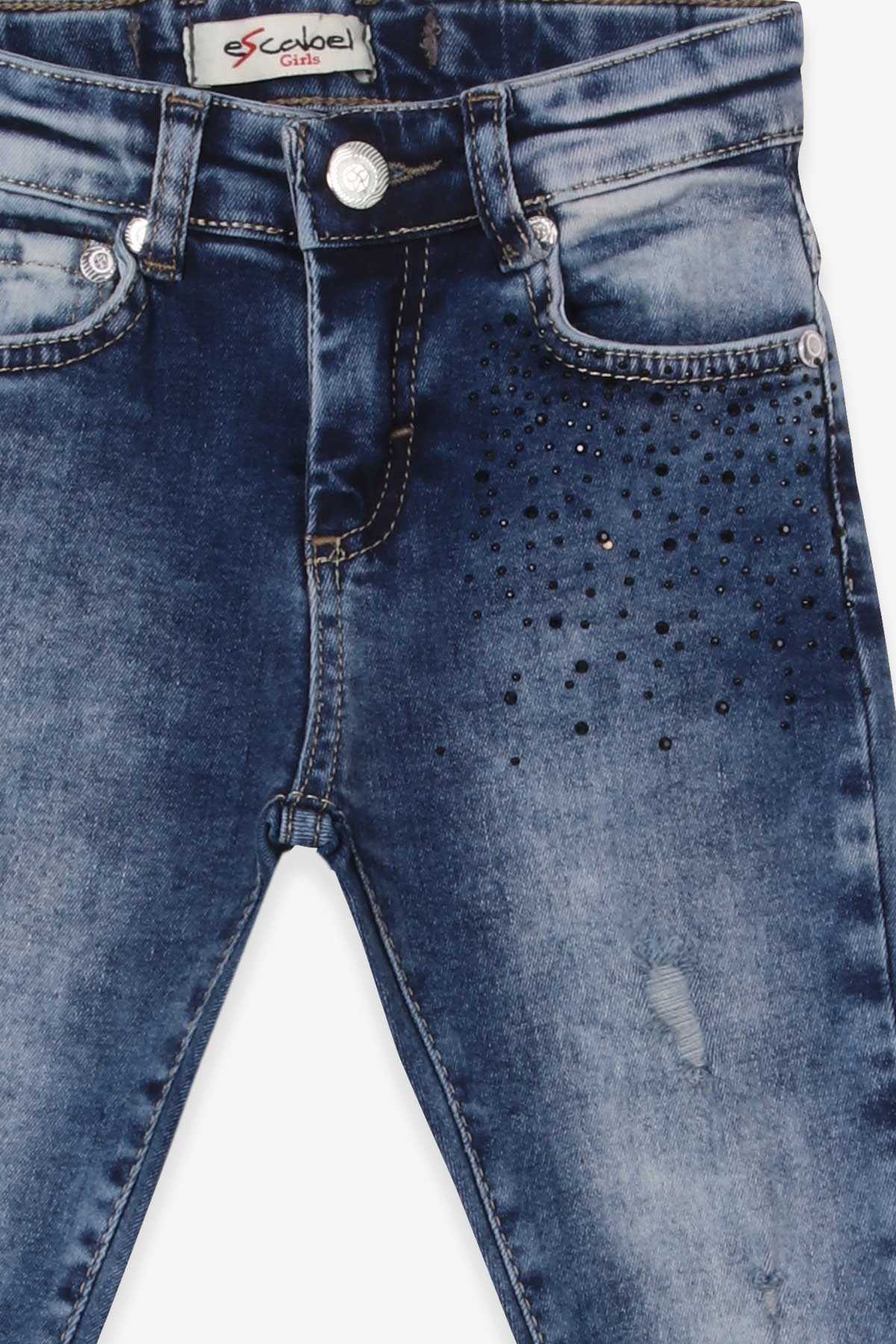 Escabel Kız Çocuk Kot Pantolon Paçası Taşlı Koyu Mavi (5-8 Yaş)