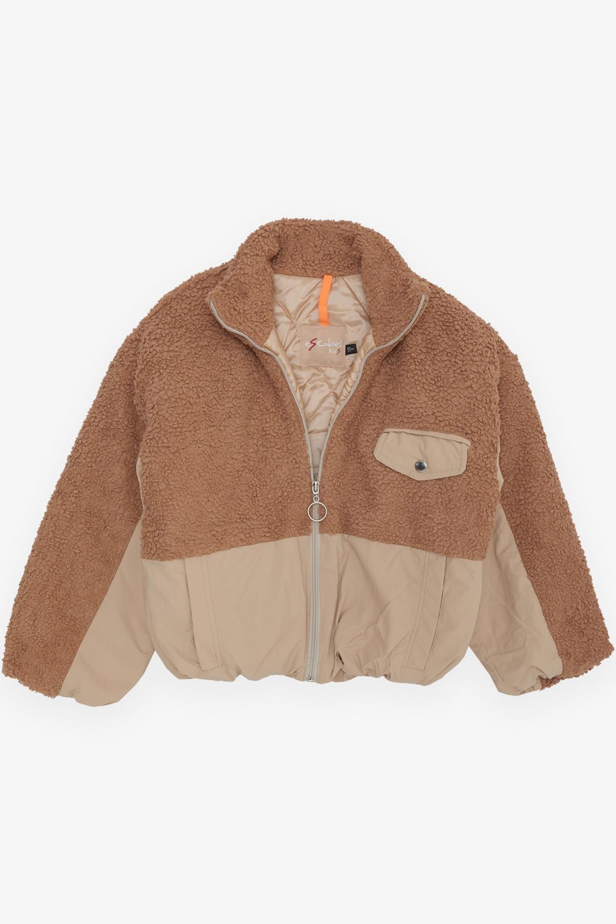 Escabel Kız Çocuk Mont Peluş Fermuarlı Cepli Kahverengi (12 Yaş)