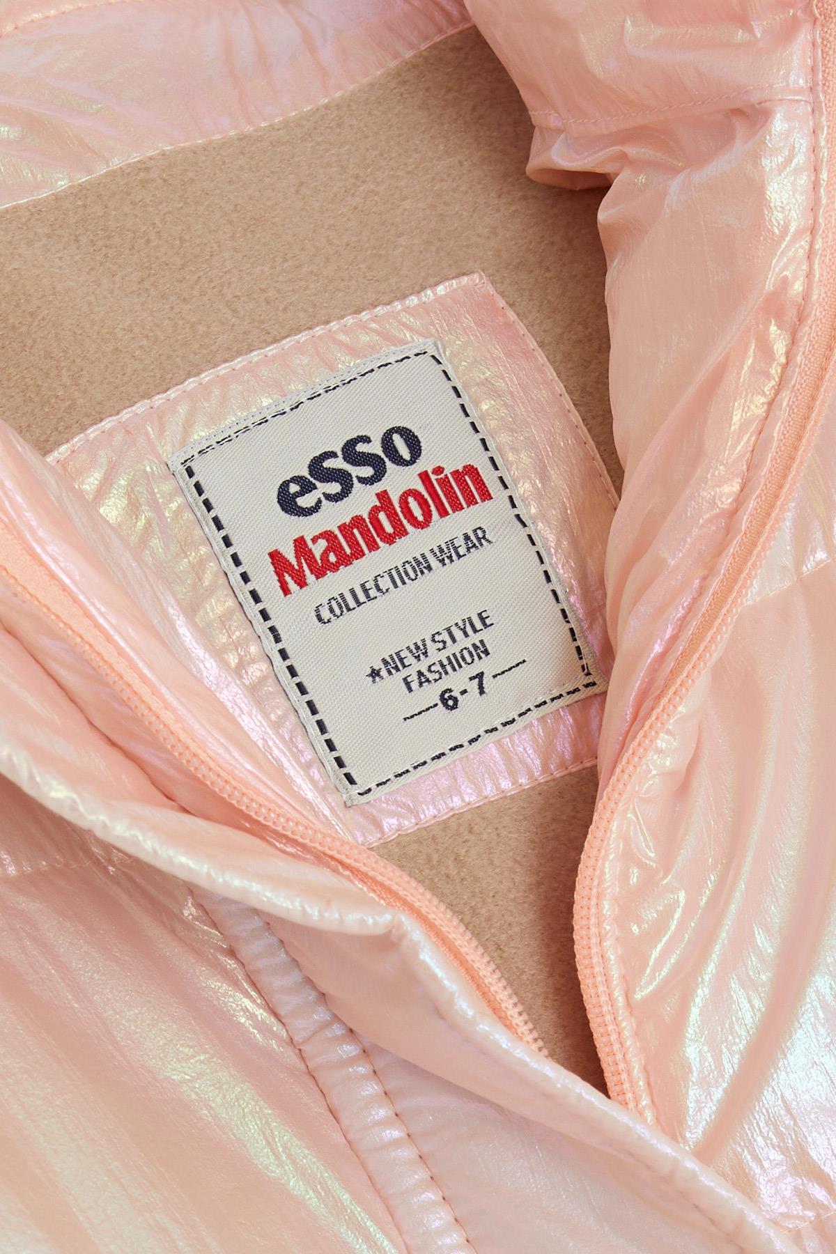 ESSO MANDOLİN Kız Çocuk Mont Kemerli Peluşlu Kapüşonlu Neon Pudra (6-10 Yaş)
