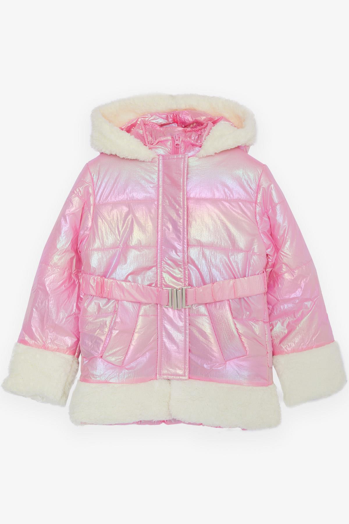 ESSO MANDOLİN Kız Çocuk Mont Kemerli Peluşlu Kapüşonlu Neon Pembe (6-10 Yaş)
