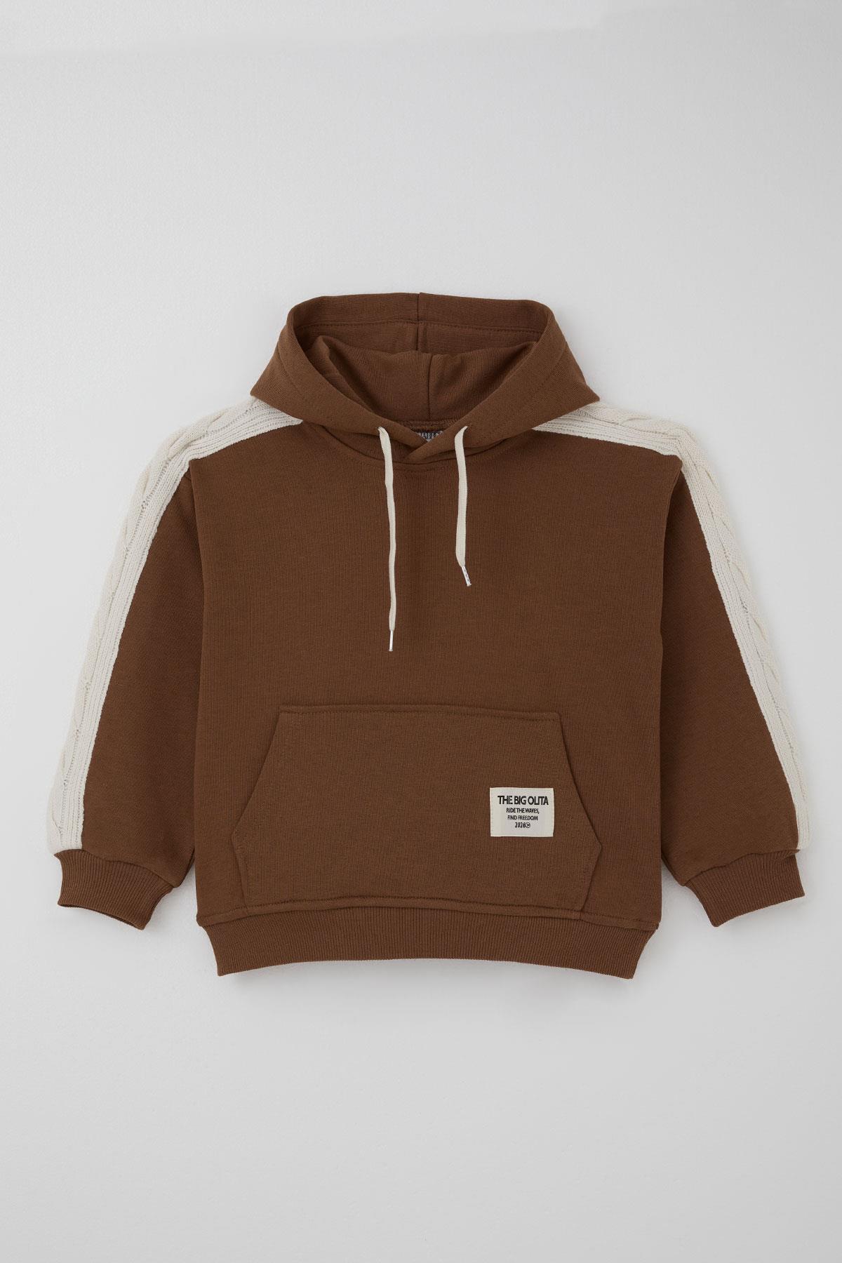 Jabber Kız Çocuk Eşofman Takımı Triko Detaylı Kapüşonlu Bağcıklı Kahverengi (4-12 Yaş)