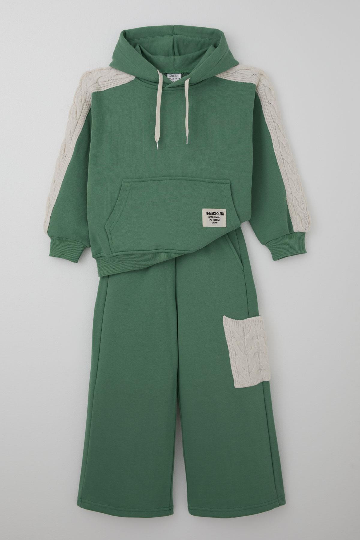 Jabber Kız Çocuk Eşofman Takımı Triko Detaylı Kapüşonlu Bağcıklı Mint Yeşili (4-12 Yaş)