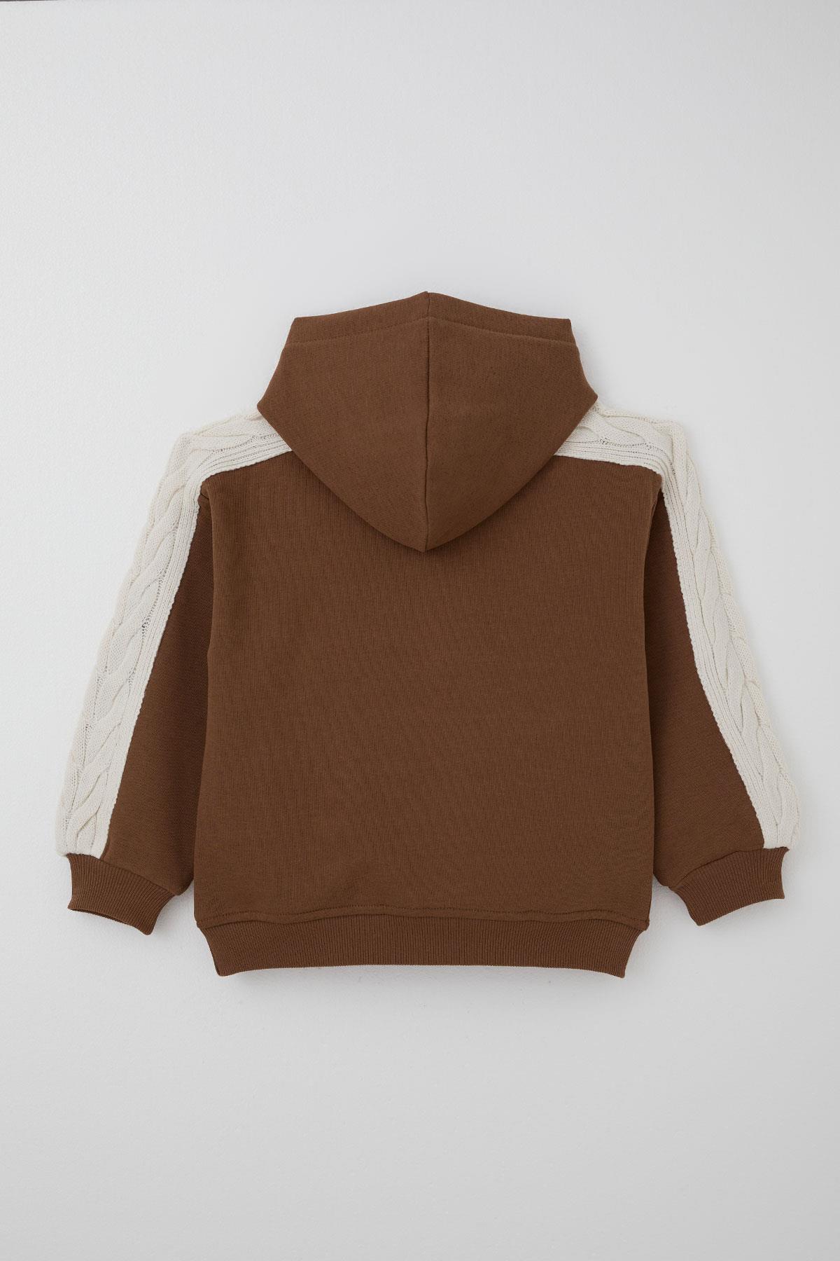 Jabber Kız Çocuk Eşofman Takımı Triko Detaylı Kapüşonlu Bağcıklı Kahverengi (4-12 Yaş)