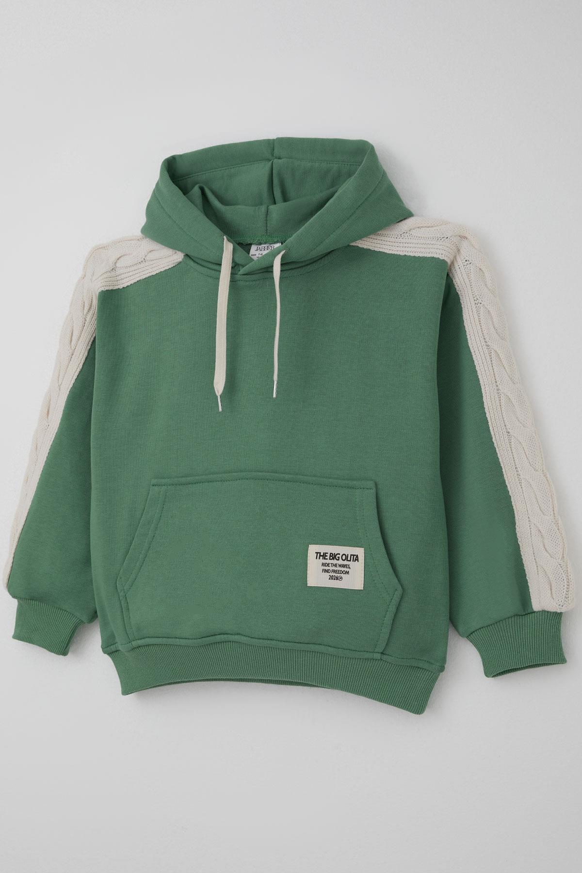 Jabber Kız Çocuk Eşofman Takımı Triko Detaylı Kapüşonlu Bağcıklı Mint Yeşili (4-12 Yaş)