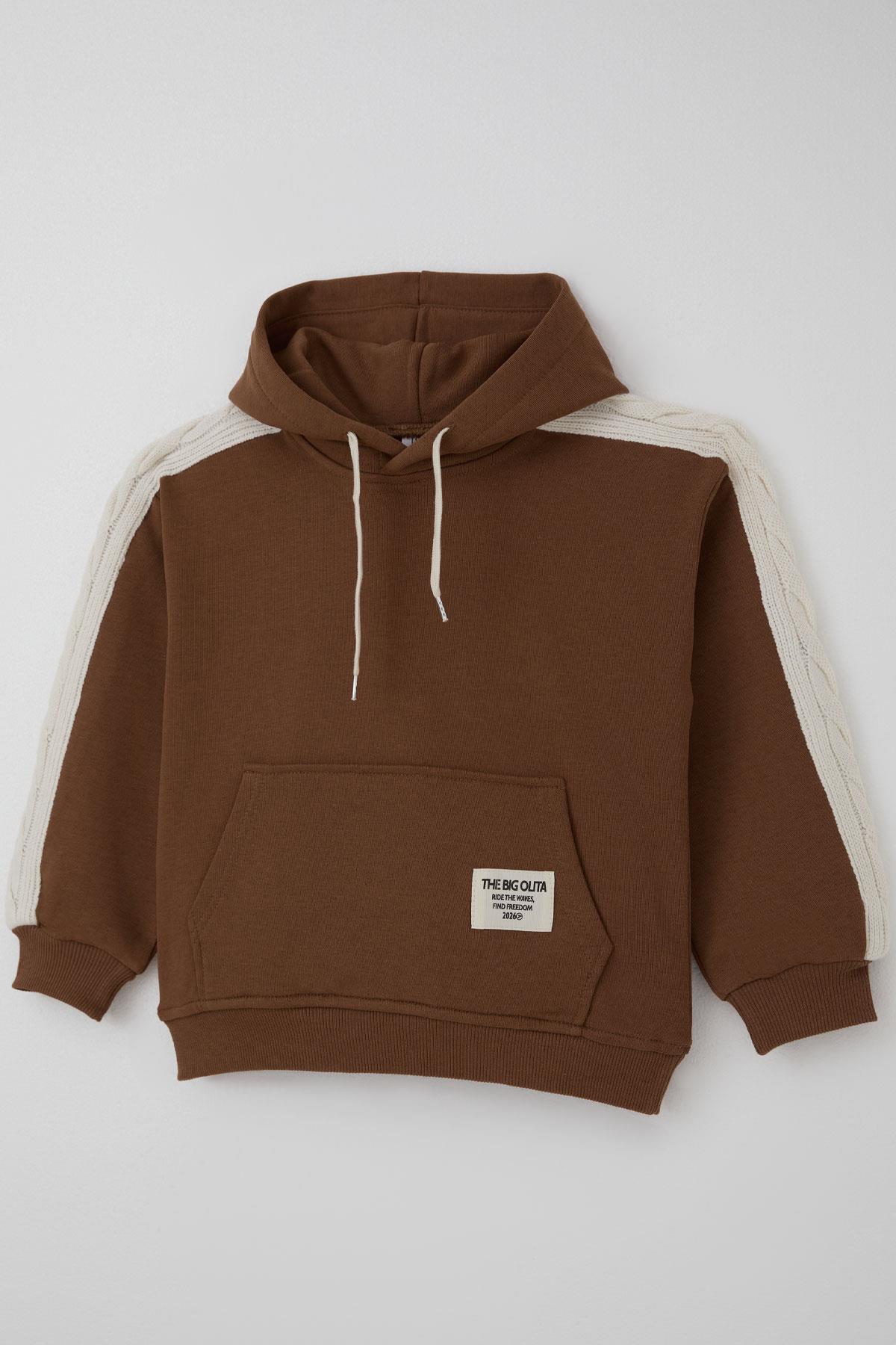 Jabber Kız Çocuk Eşofman Takımı Triko Detaylı Kapüşonlu Bağcıklı Kahverengi (4-12 Yaş)