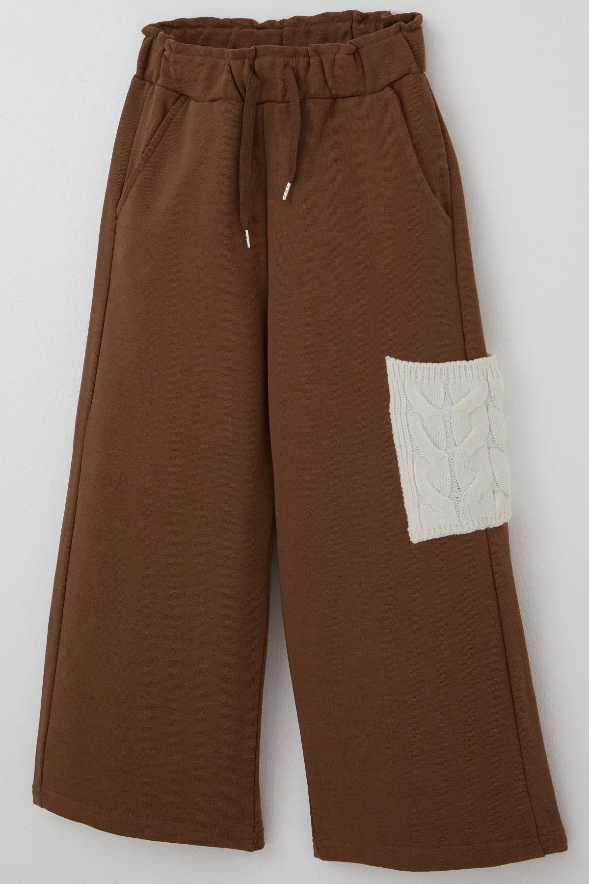 Jabber Kız Çocuk Eşofman Takımı Triko Detaylı Kapüşonlu Bağcıklı Kahverengi (4-12 Yaş)