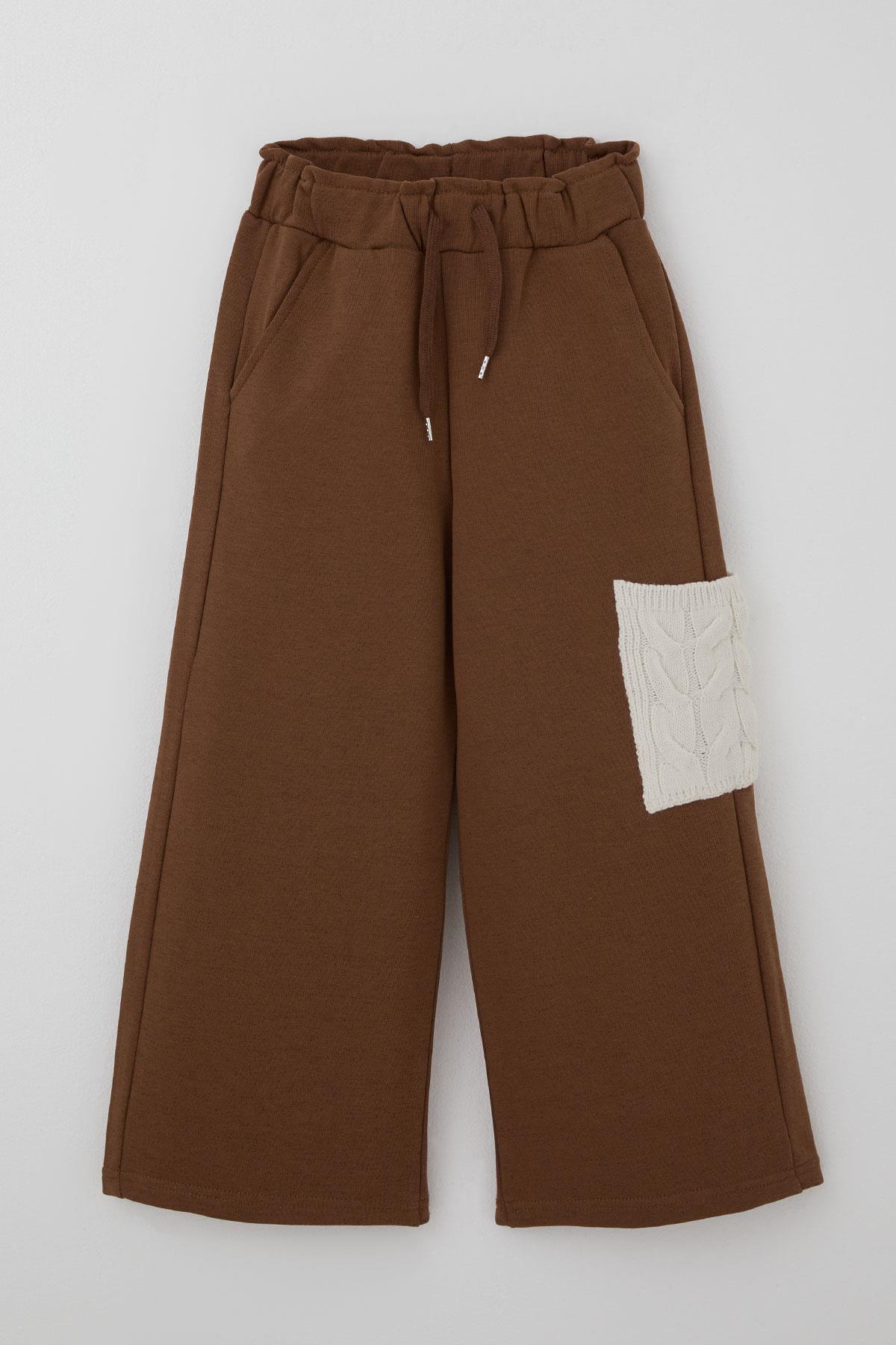 Jabber Kız Çocuk Eşofman Takımı Triko Detaylı Kapüşonlu Bağcıklı Kahverengi (4-12 Yaş)