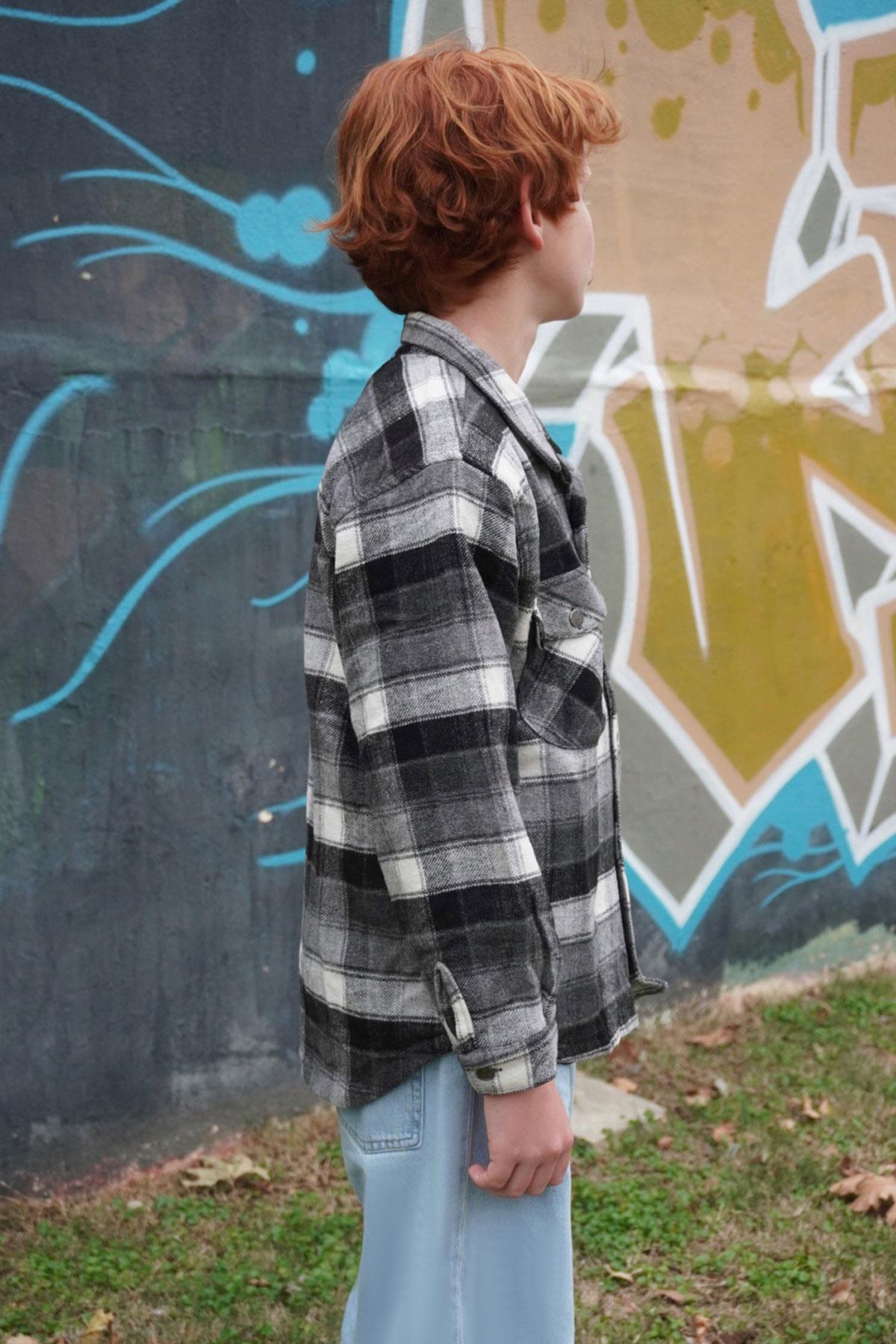 Jack Lions Erkek Çocuk Mont Ekose Desenli Düğmeli Cepli Gri (10-14 Yaş)