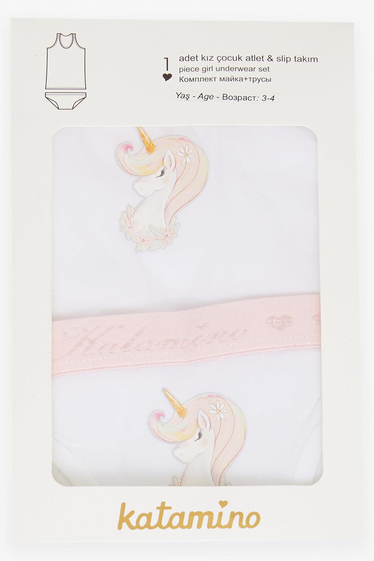 KATAMİNO Kız Çocuk Atlet & Slip Takım Sevimli Unicorn Baskılı Beyaz (1-10 Yaş)