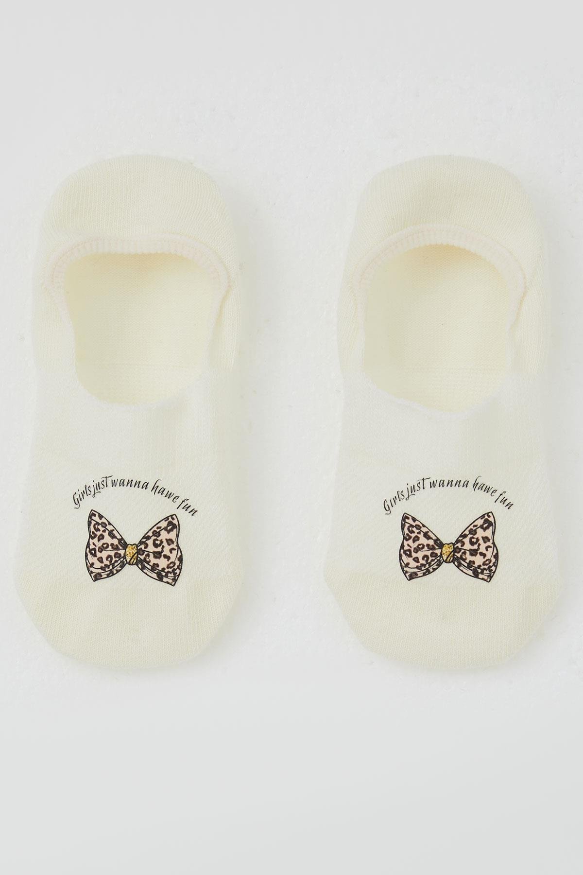 Katamino Kız Çocuk Babet Çorap Fiyonk Baskılı Ekru (5-14 Yaş)