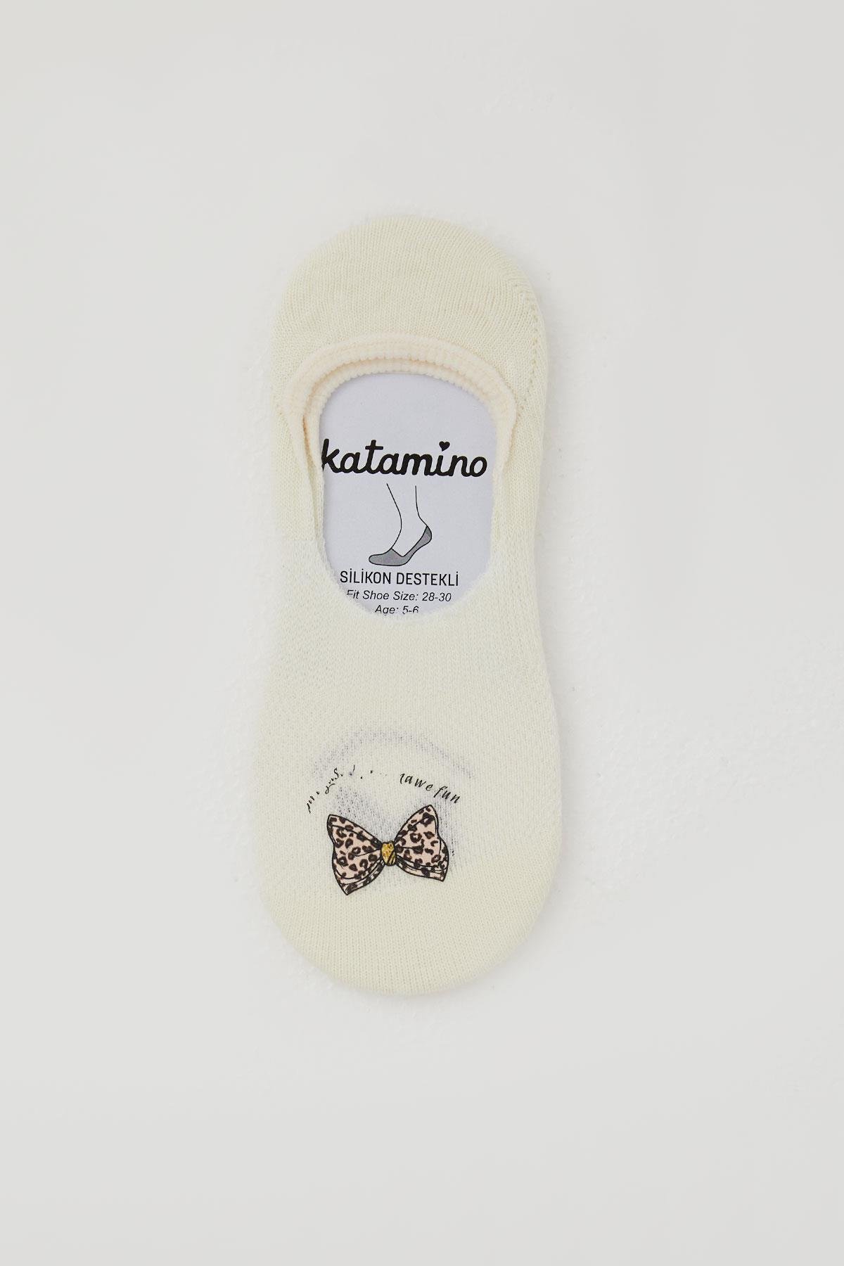 Katamino Kız Çocuk Babet Çorap Fiyonk Baskılı Ekru (5-14 Yaş)