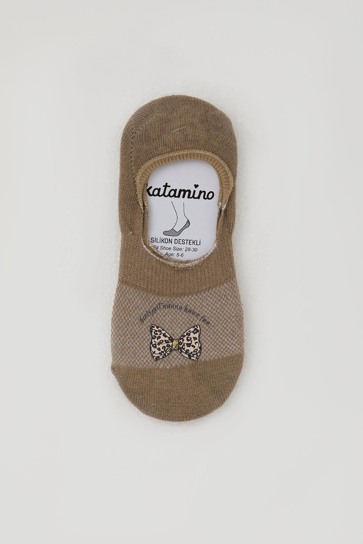 Katamino Kız Çocuk Babet Çorap Fiyonk Baskılı Kahverengi (5-14 Yaş)