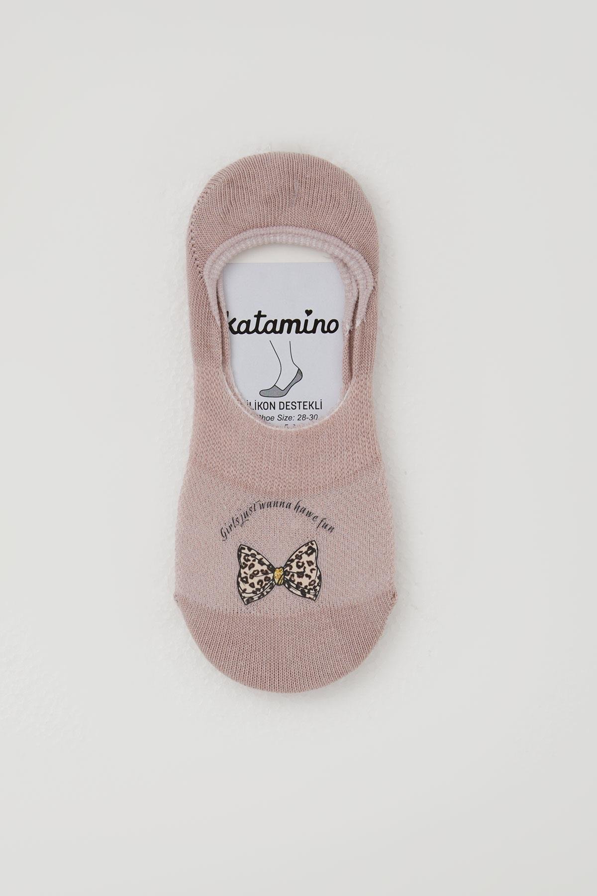 Katamino Kız Çocuk Babet Çorap Fiyonk Baskılı Gülkurusu (5-14 Yaş)