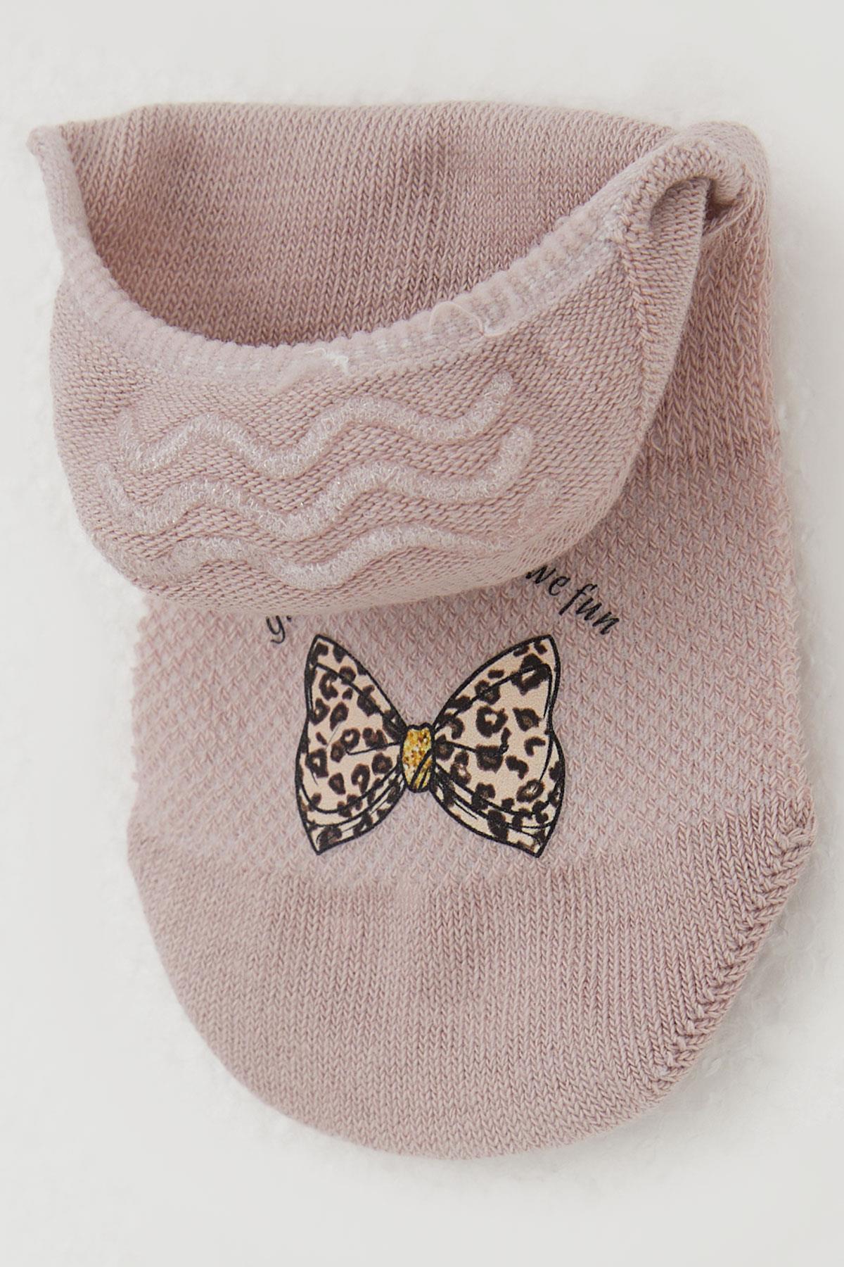 Katamino Kız Çocuk Babet Çorap Fiyonk Baskılı Gülkurusu (5-14 Yaş)