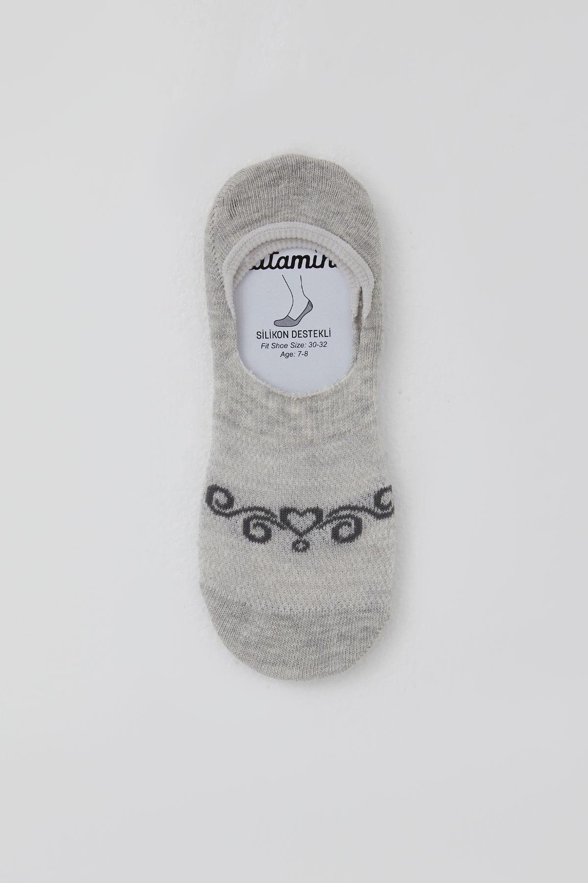 Katamino Kız Çocuk Babet Çorap Kalp Baskılı Açık Gri Melanj (7-12 Yaş)