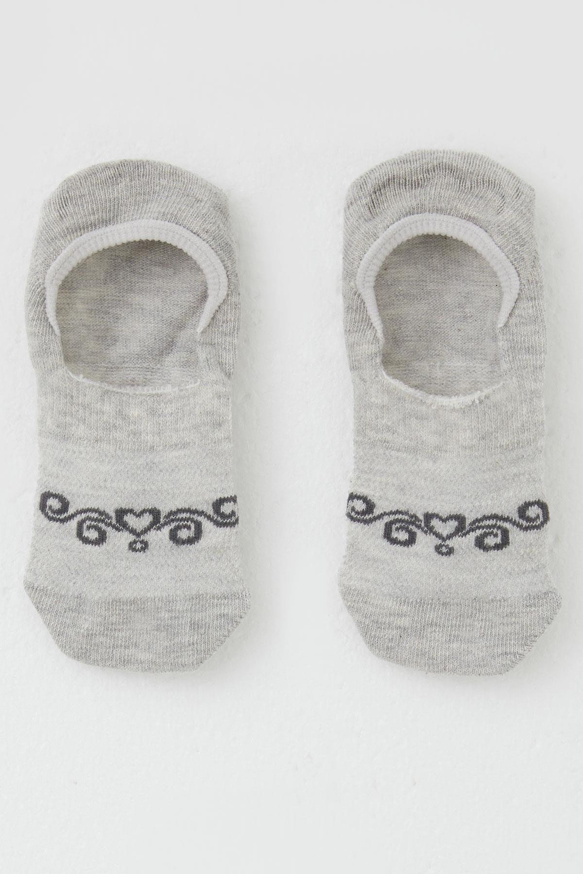Katamino Kız Çocuk Babet Çorap Kalp Baskılı Açık Gri Melanj (7-12 Yaş)