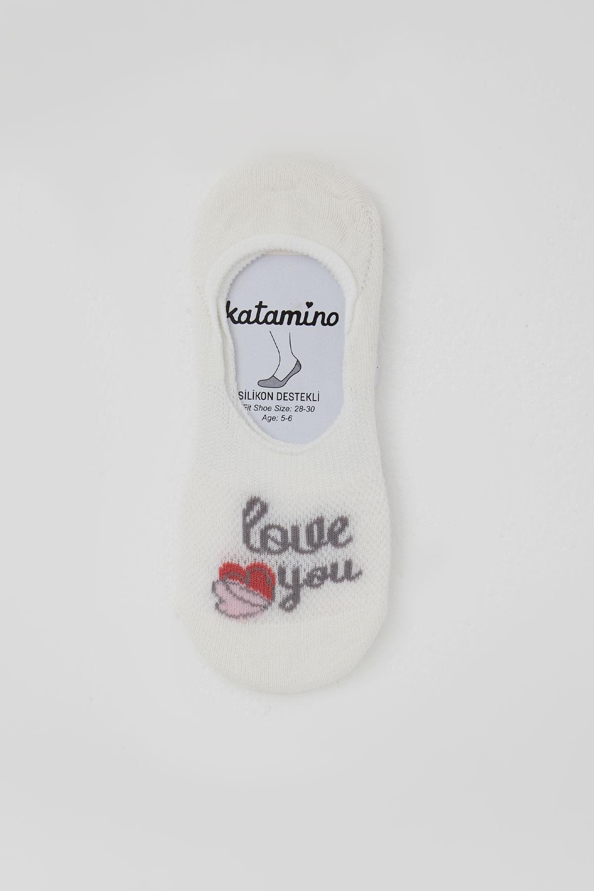Katamino Kız Çocuk Babet Çorap Sevgi Temalı Kalp Baskılı Ekru (5-14 Yaş)