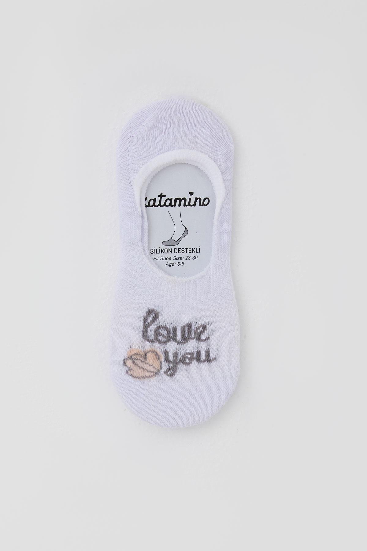 Katamino Kız Çocuk Babet Çorap Sevgi Temalı Kalp Baskılı Beyaz (5-14 Yaş)