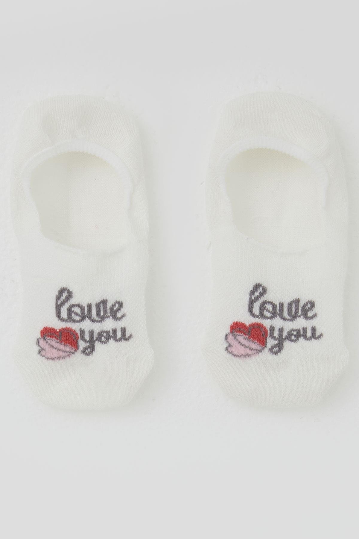 Katamino Kız Çocuk Babet Çorap Sevgi Temalı Kalp Baskılı Ekru (5-14 Yaş)