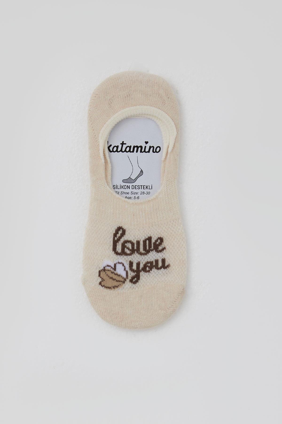 Katamino Kız Çocuk Babet Çorap Sevgi Temalı Kalp Baskılı Krem (5-14 Yaş)