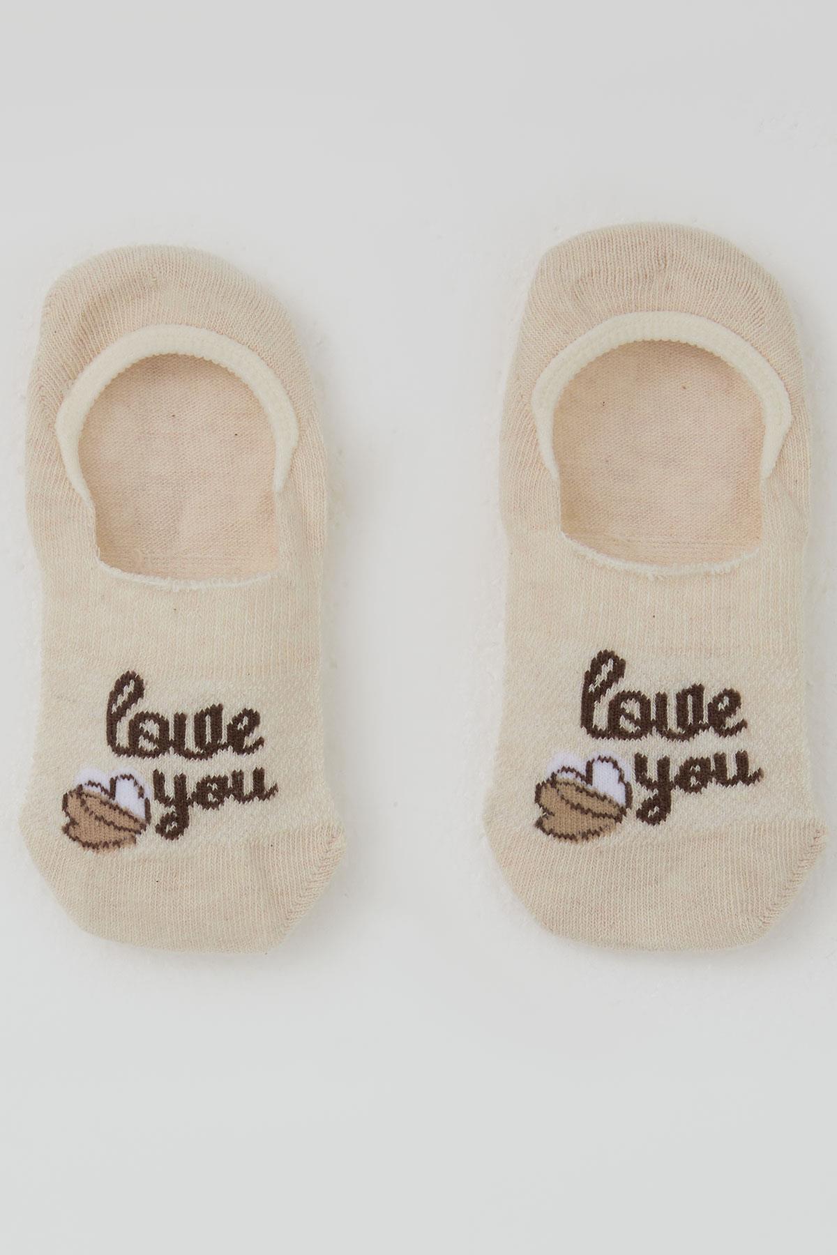 Katamino Kız Çocuk Babet Çorap Sevgi Temalı Kalp Baskılı Krem (5-14 Yaş)