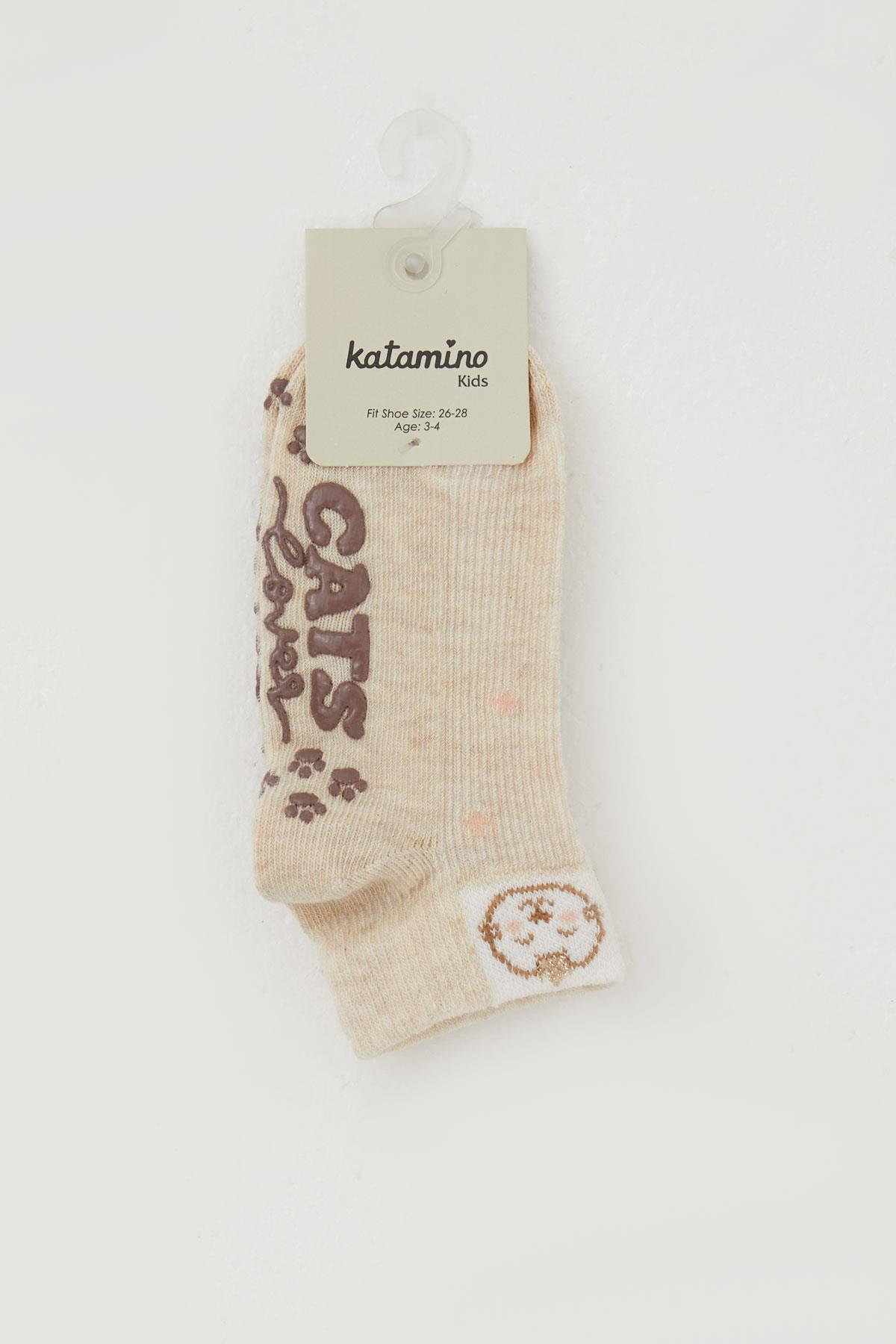 Katamino Kız Çocuk Çorap Abs li Sevimli Ayıcık Baskılı Bej Melanj (1-6 Yaş)