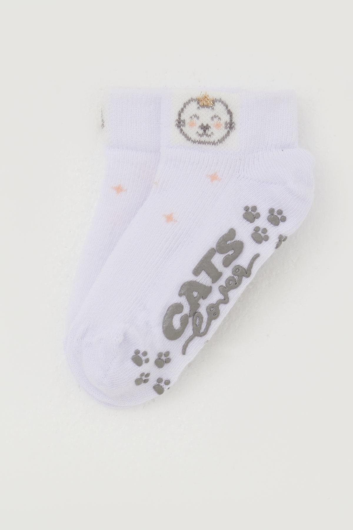 Katamino Kız Çocuk Çorap Abs li Sevimli Ayıcık Baskılı Beyaz (1-6 Yaş)