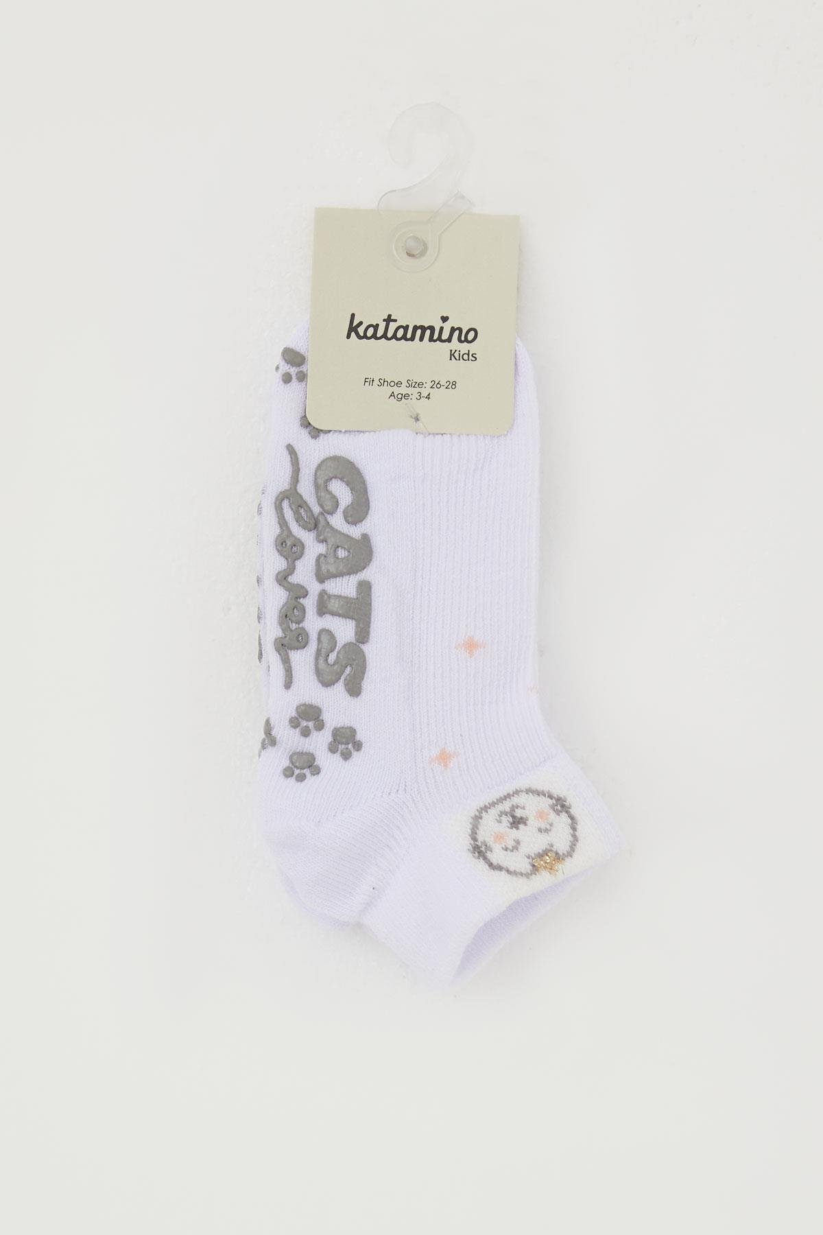Katamino Kız Çocuk Çorap Abs li Sevimli Ayıcık Baskılı Beyaz (1-6 Yaş)