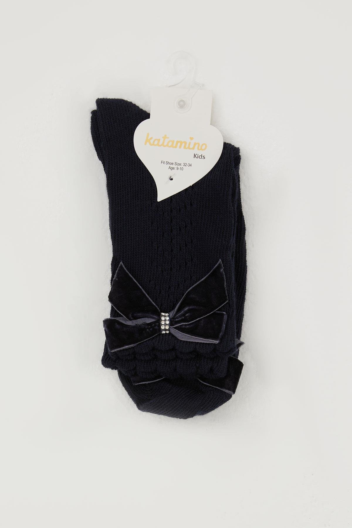 Katamino Kız Çocuk File Soket Çorap Bilek Kısmı Fiyonk Aksesuarlı Taşlı Lacivert (9-12 Yaş)