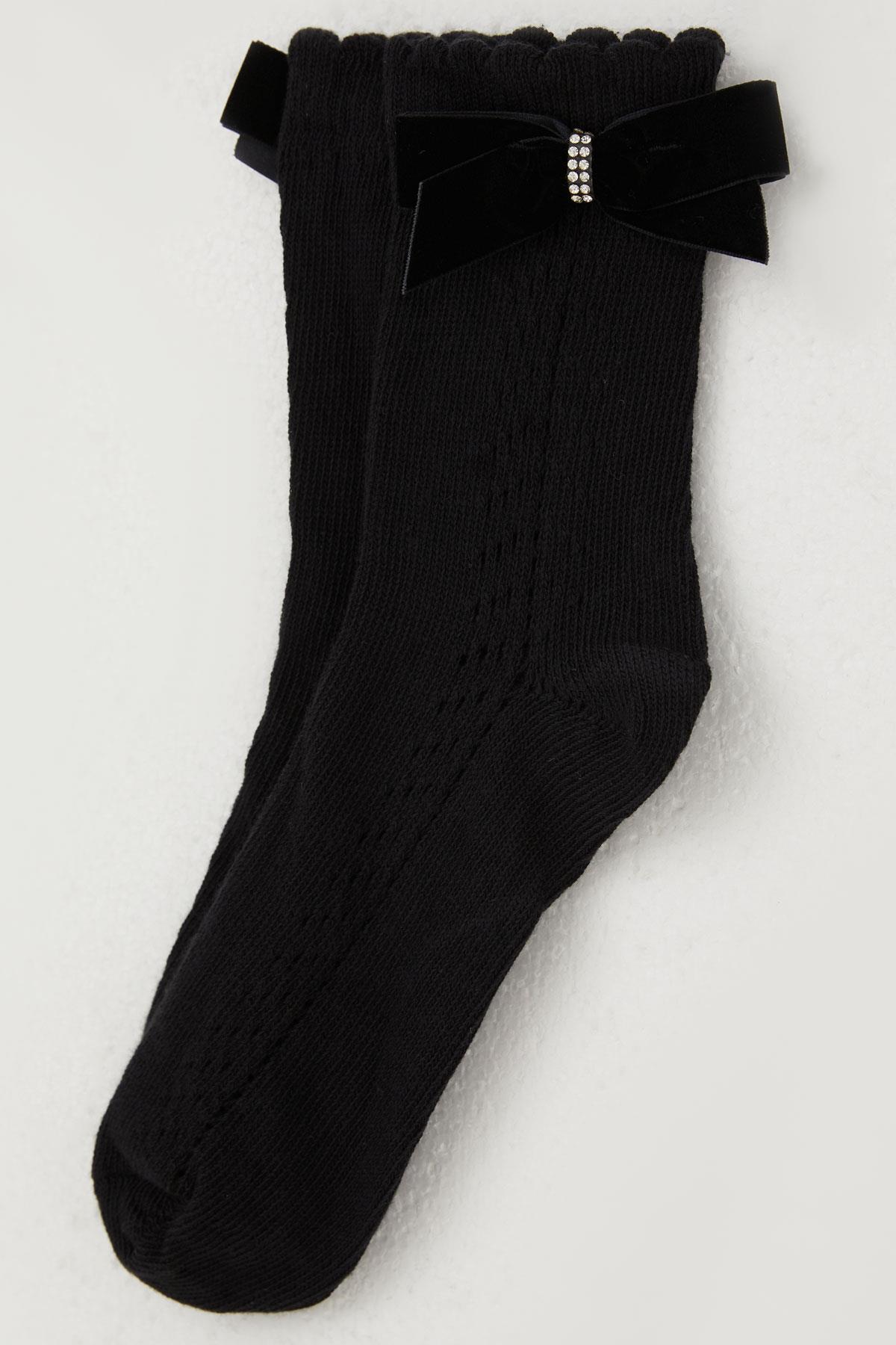 Katamino Kız Çocuk File Soket Çorap Bilek Kısmı Fiyonk Aksesuarlı Taşlı Siyah (9-12 Yaş)