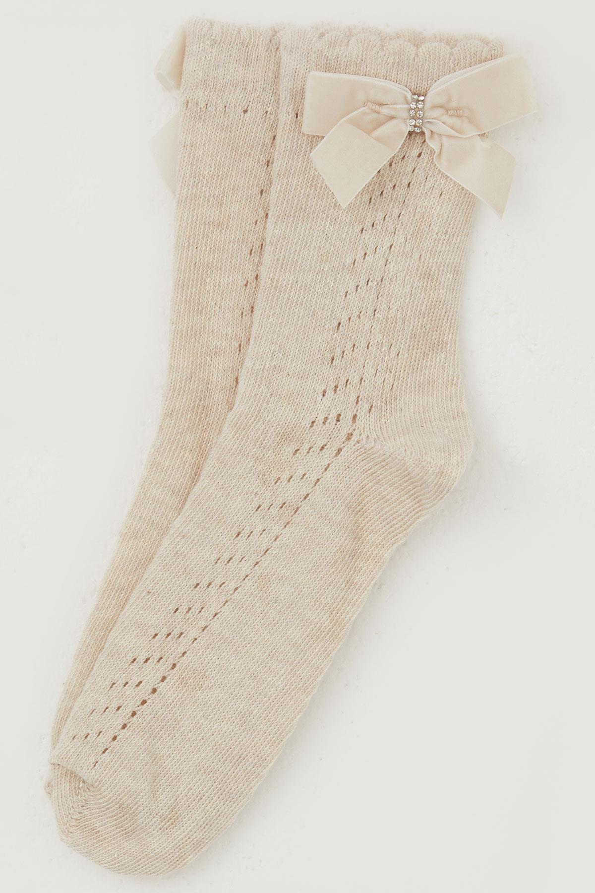 Katamino Kız Çocuk File Soket Çorap Bilek Kısmı Fiyonk Aksesuarlı Taşlı Bej Melanj (9-12 Yaş)