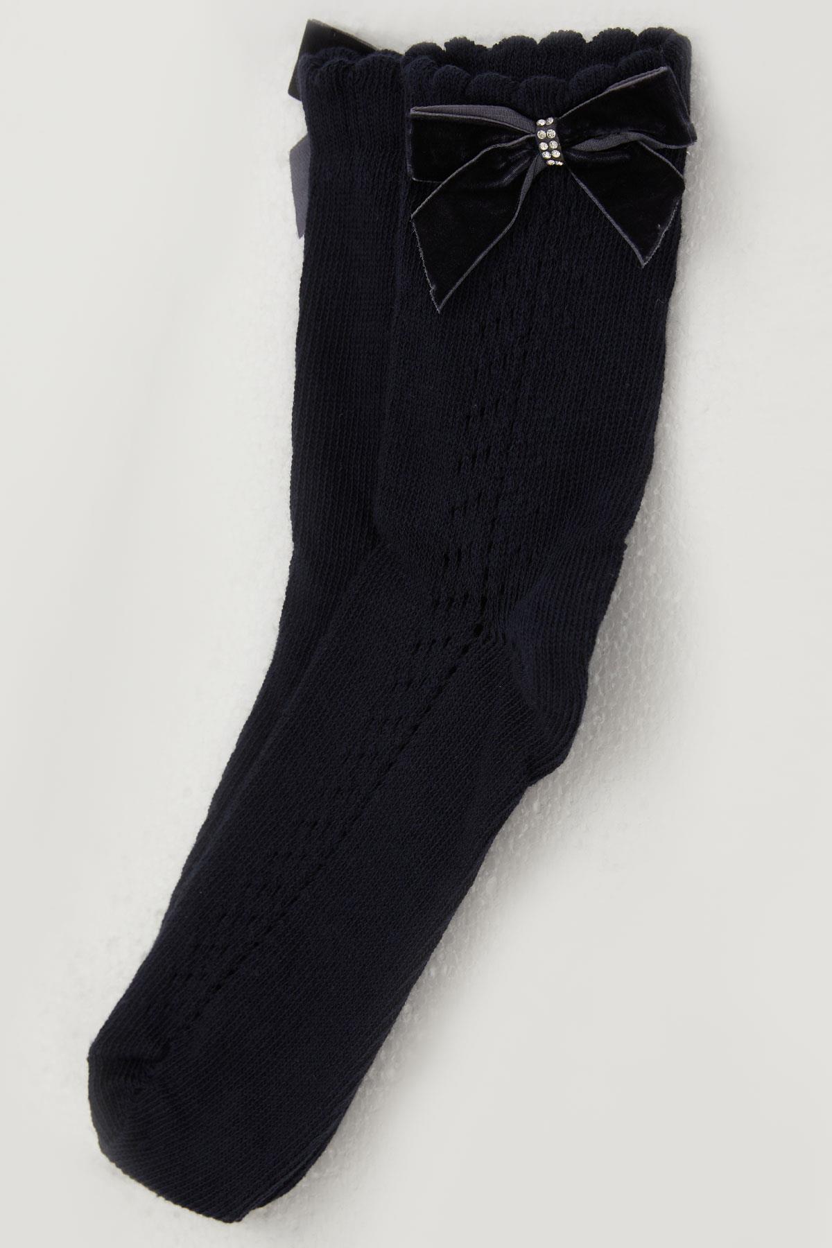 Katamino Kız Çocuk File Soket Çorap Bilek Kısmı Fiyonk Aksesuarlı Taşlı Lacivert (9-12 Yaş)