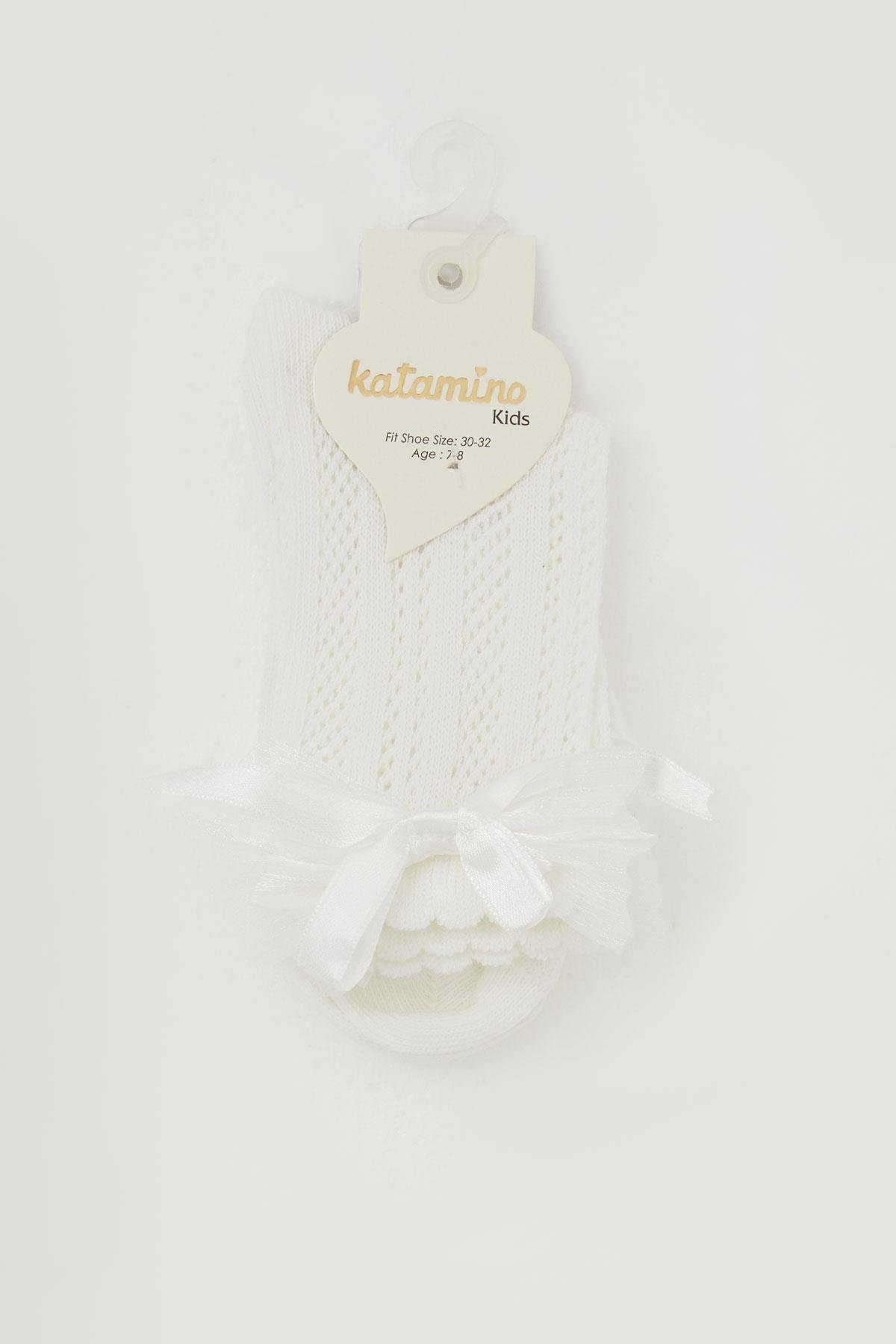 Katamino Kız Çocuk File Soket Çorap Bilek Kısmı Fiyonk Aksesuarlı Ekru (7-8 Yaş)