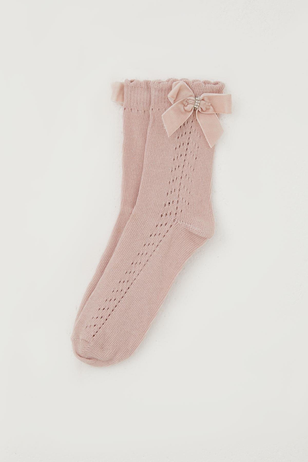 Katamino Kız Çocuk File Soket Çorap Bilek Kısmı Fiyonk Aksesuarlı Taşlı Gülkurusu (9-12 Yaş)