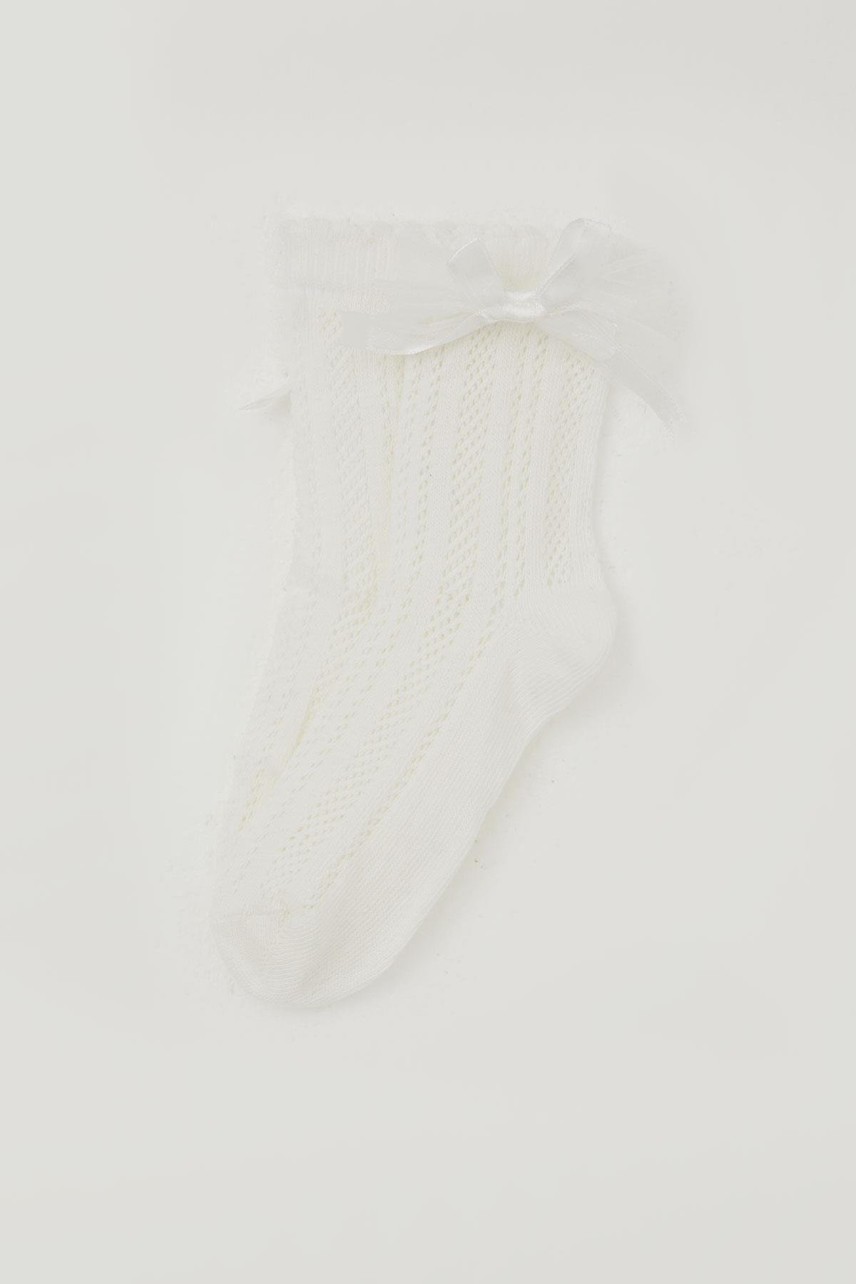 Katamino Kız Çocuk File Soket Çorap Bilek Kısmı Fiyonk Aksesuarlı Ekru (7-8 Yaş)