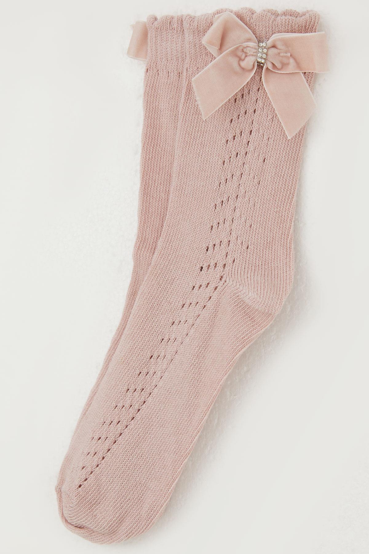 Katamino Kız Çocuk File Soket Çorap Bilek Kısmı Fiyonk Aksesuarlı Taşlı Gülkurusu (9-12 Yaş)