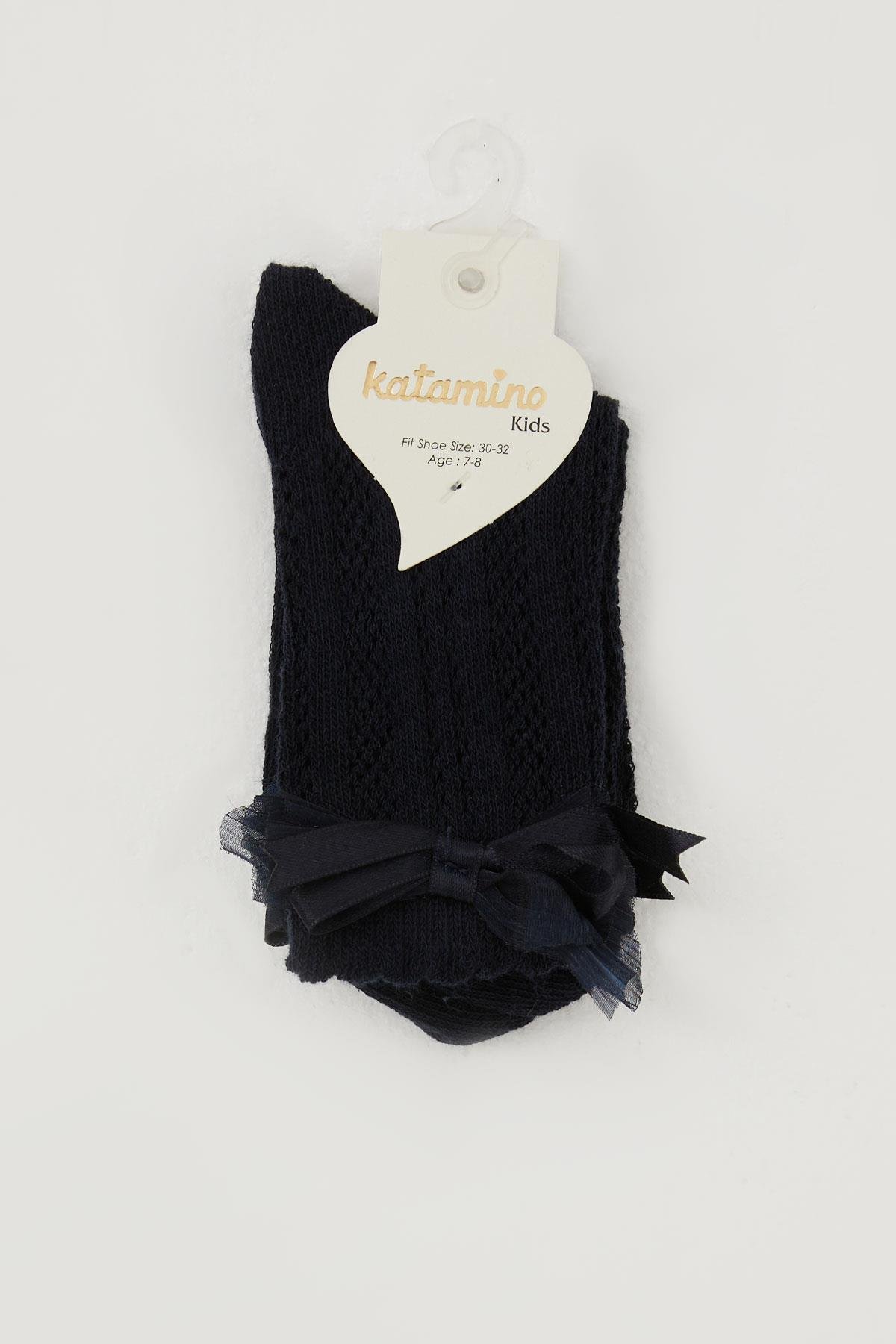 Katamino Kız Çocuk File Soket Çorap Bilek Kısmı Fiyonk Aksesuarlı Lacivert (7-8 Yaş)