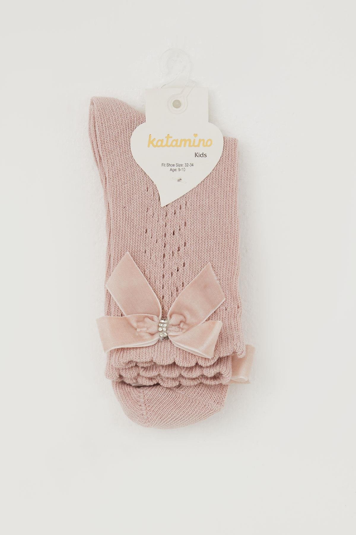 Katamino Kız Çocuk File Soket Çorap Bilek Kısmı Fiyonk Aksesuarlı Taşlı Gülkurusu (9-12 Yaş)