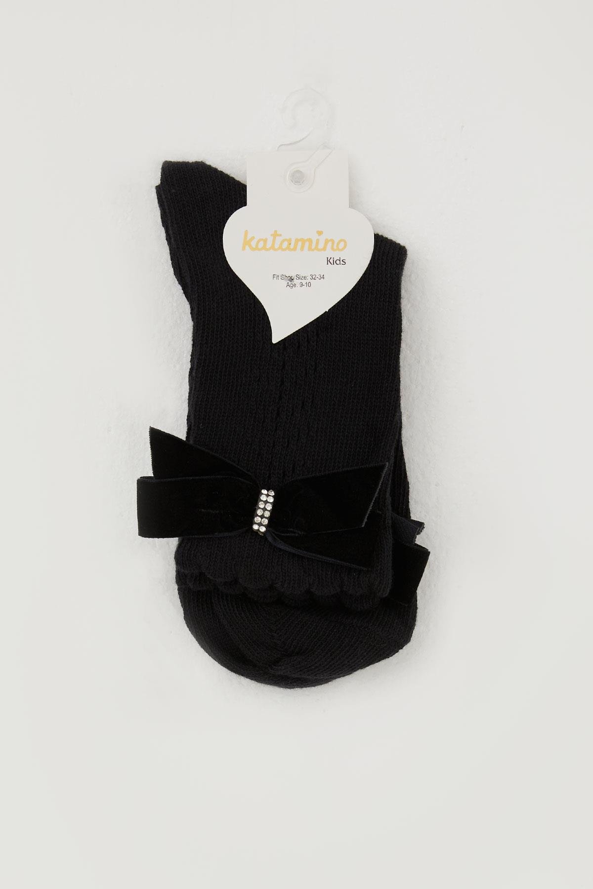 Katamino Kız Çocuk File Soket Çorap Bilek Kısmı Fiyonk Aksesuarlı Taşlı Siyah (9-12 Yaş)