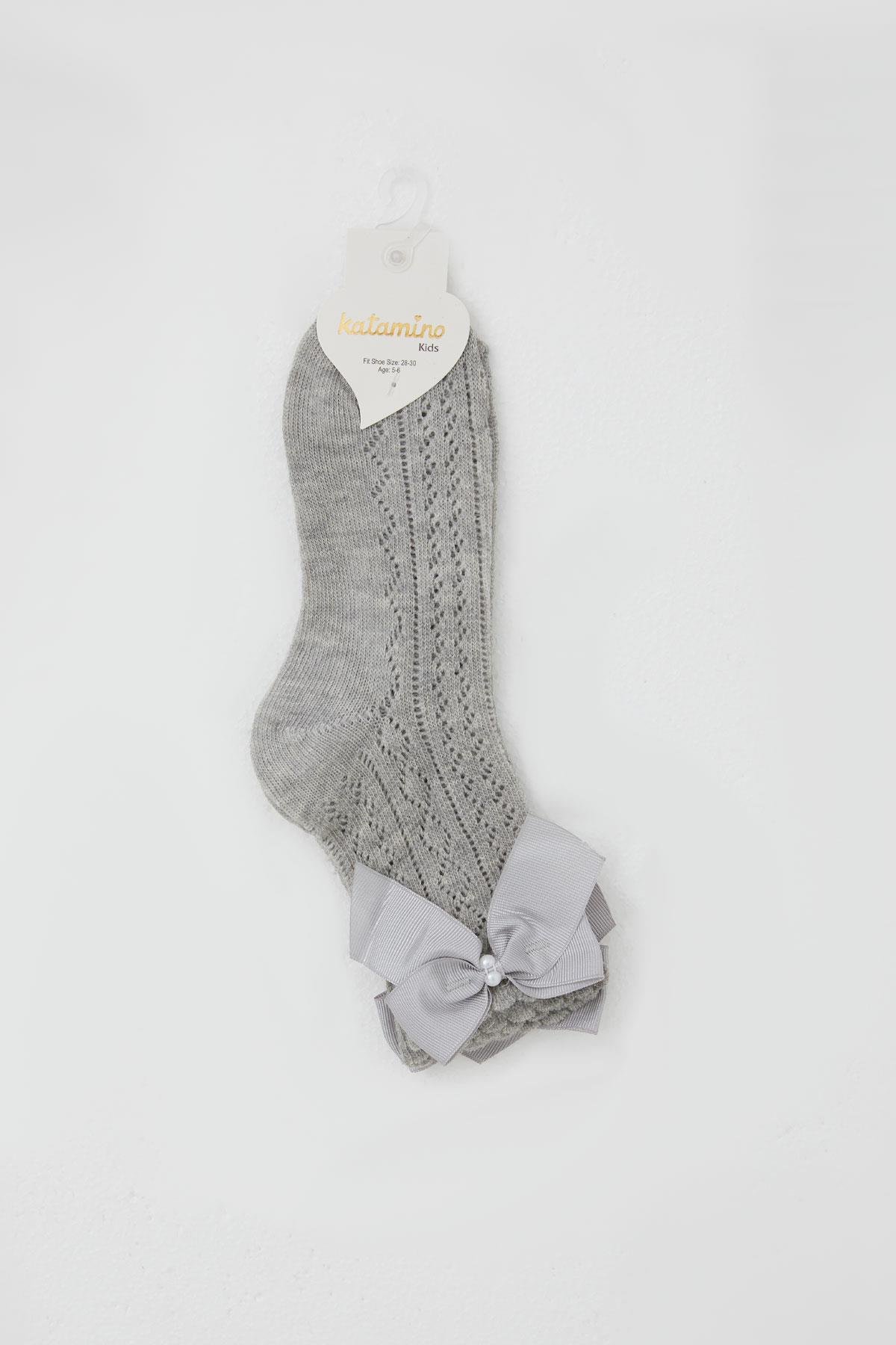 Katamino Kız Çocuk File Soket Çorap Fiyonk Aksesuarlı İncili Gri Melanj (5-8 Yaş)