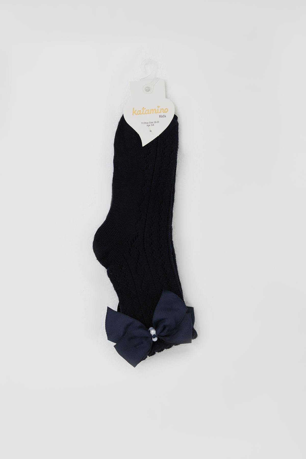 Katamino Kız Çocuk File Soket Çorap Fiyonk Aksesuarlı İncili Lacivert (5-8 Yaş)