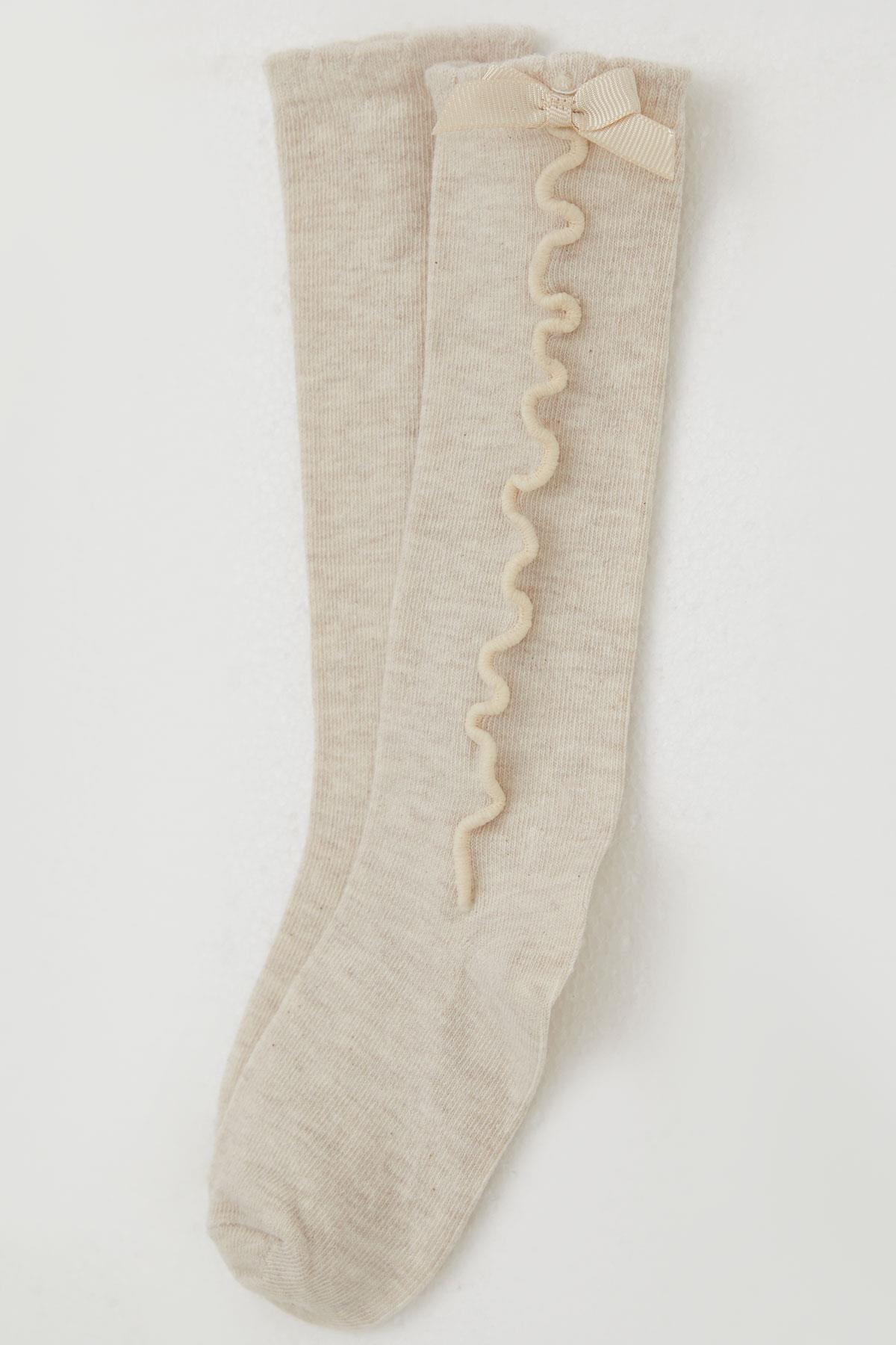 Katamino Kız Çocuk Golf Çorap Bilek Kısmı Fiyon Aksesuarlı Bej Melanj (1-8 Yaş)