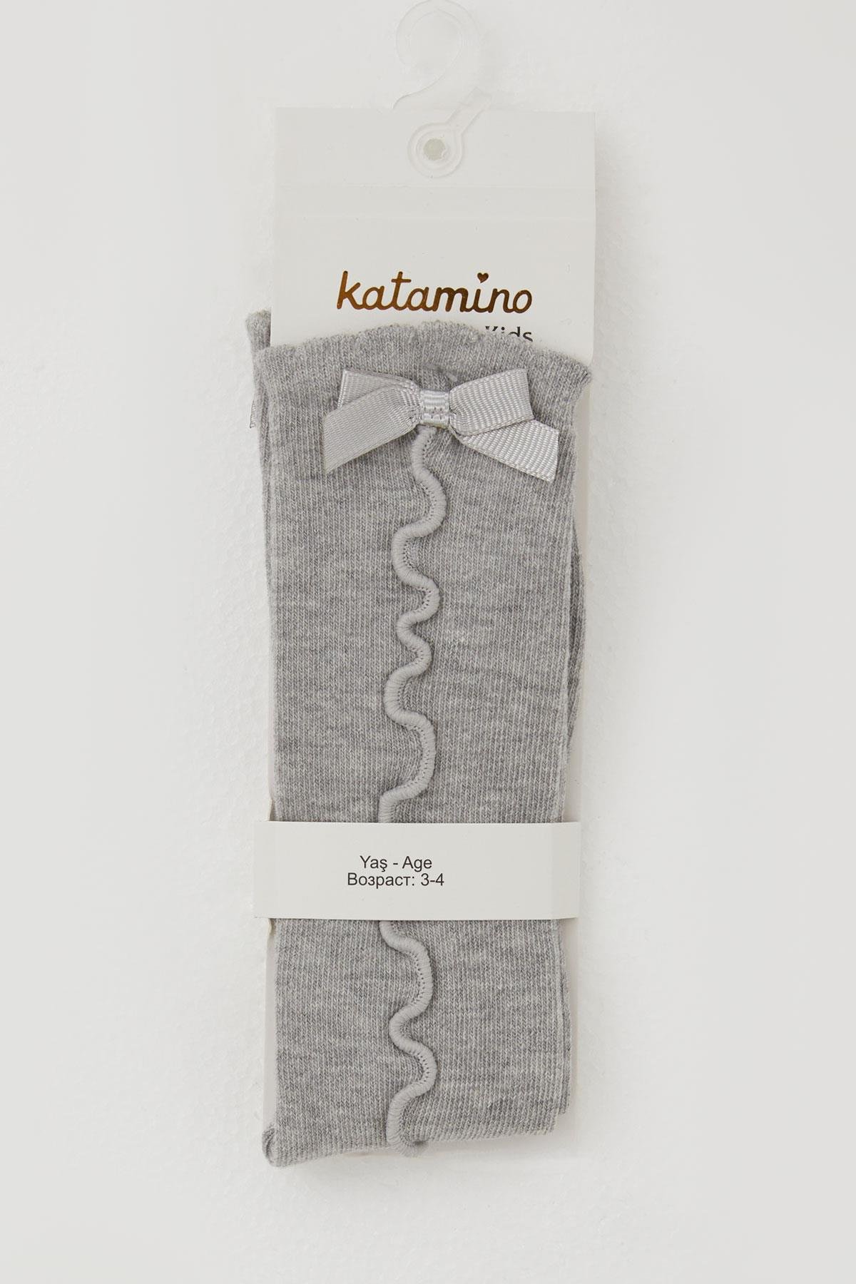 Katamino Kız Çocuk Golf Çorap Bilek Kısmı Fiyon Aksesuarlı Gri Melanj (1-8 Yaş)