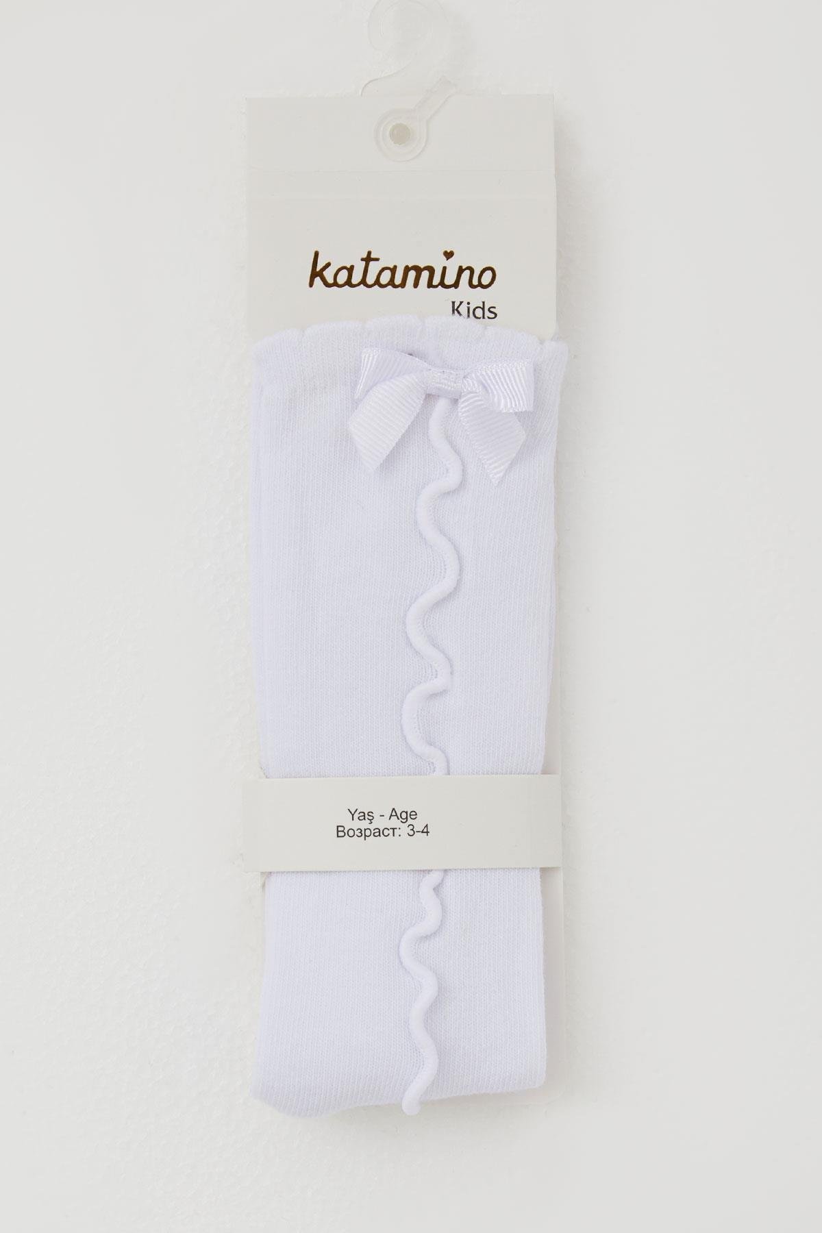 Katamino Kız Çocuk Golf Çorap Bilek Kısmı Fiyon Aksesuarlı Beyaz (1-8 Yaş)