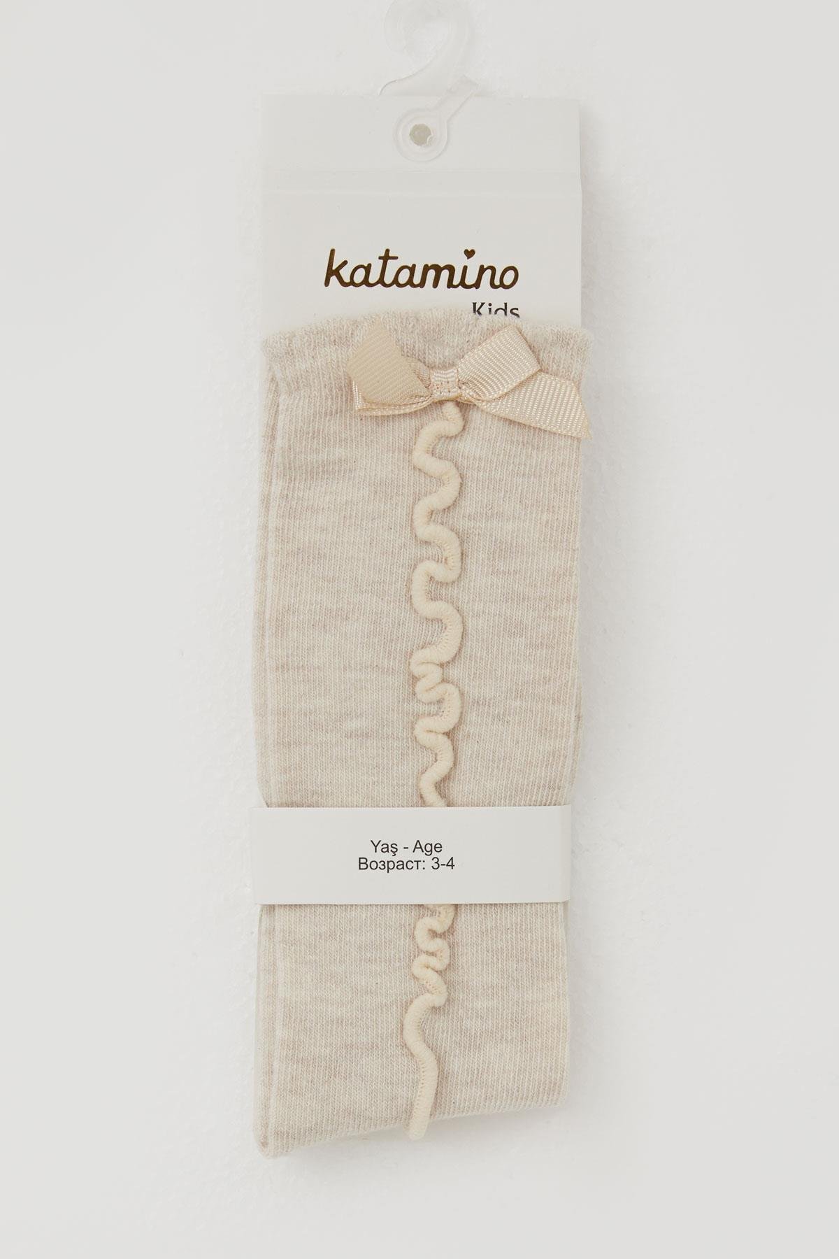 Katamino Kız Çocuk Golf Çorap Bilek Kısmı Fiyon Aksesuarlı Bej Melanj (1-8 Yaş)