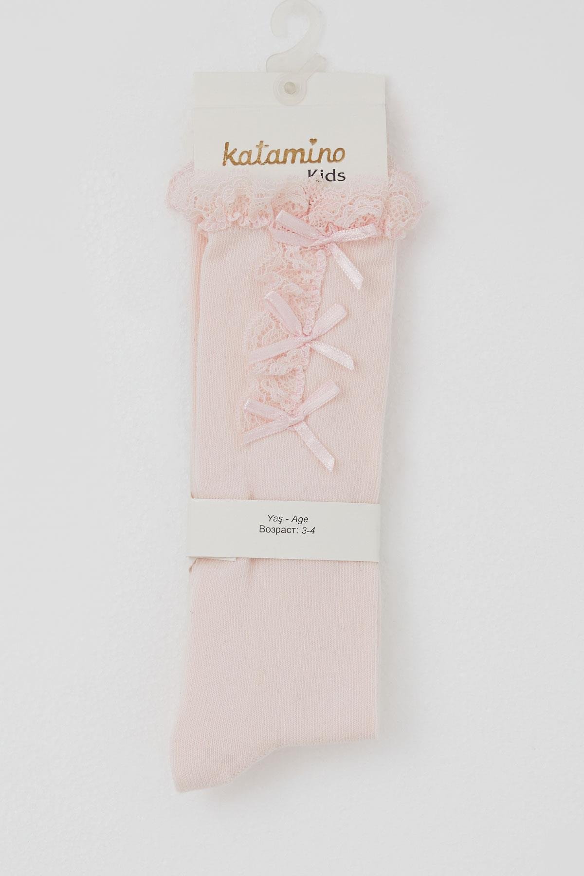 Katamino Kız Çocuk Golf Çorap Fiyonk Aksesuarlı Dantelli Pembe (1-8 Yaş)